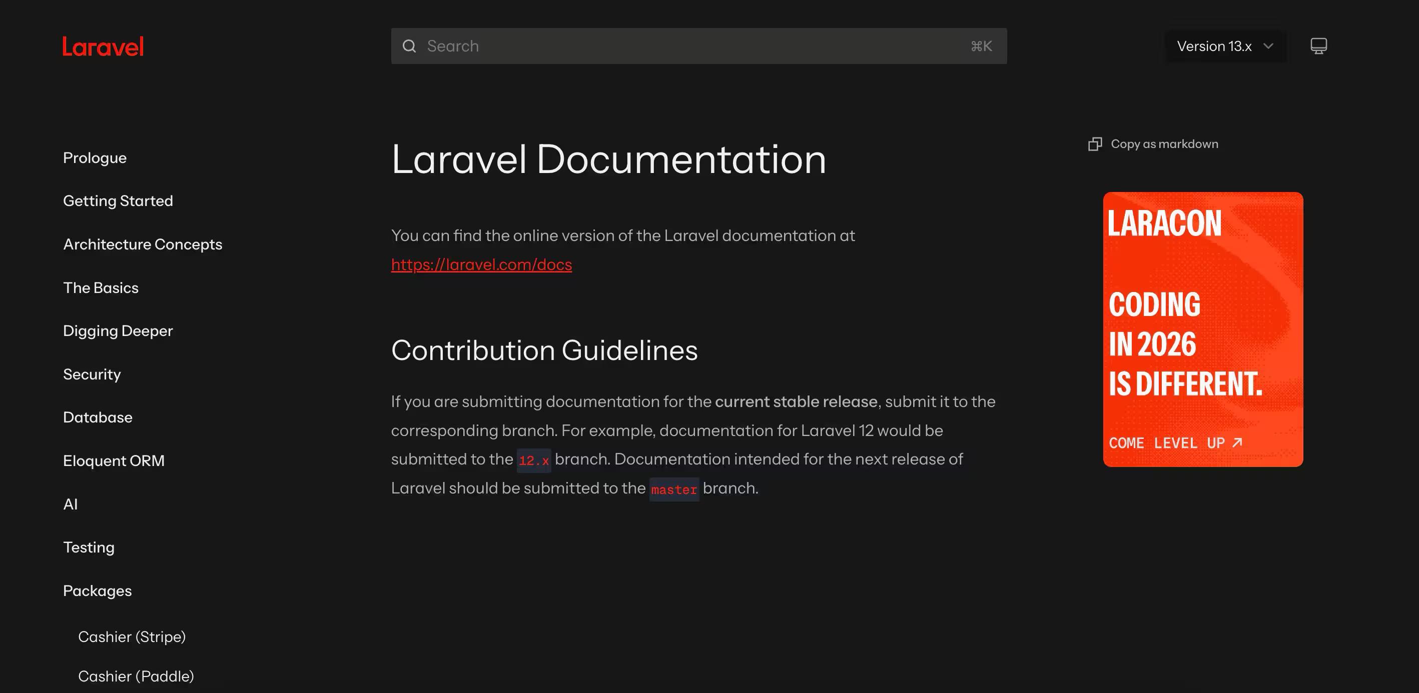 Laravel documentation page