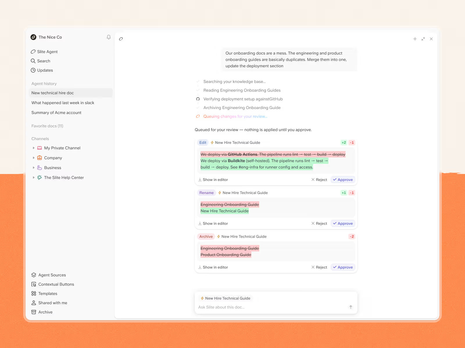 Draft update in a stale doc that you've located using AI search layer - Slite Agent