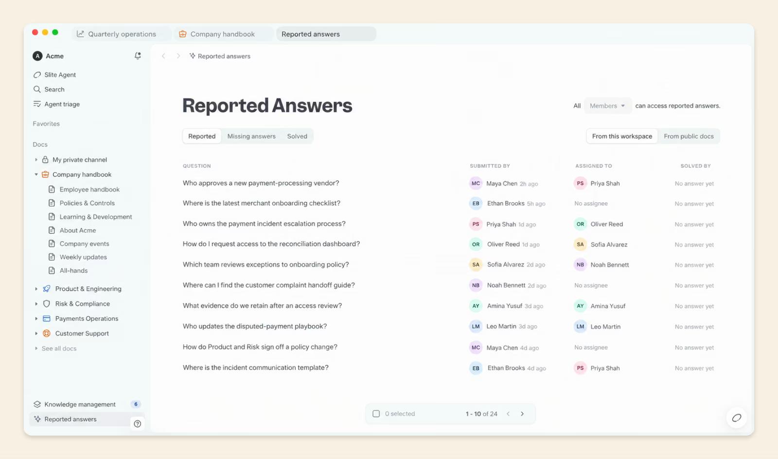 Slite Reported Answers view listing questions employees asked, who submitted them, and who each question is assigned to.