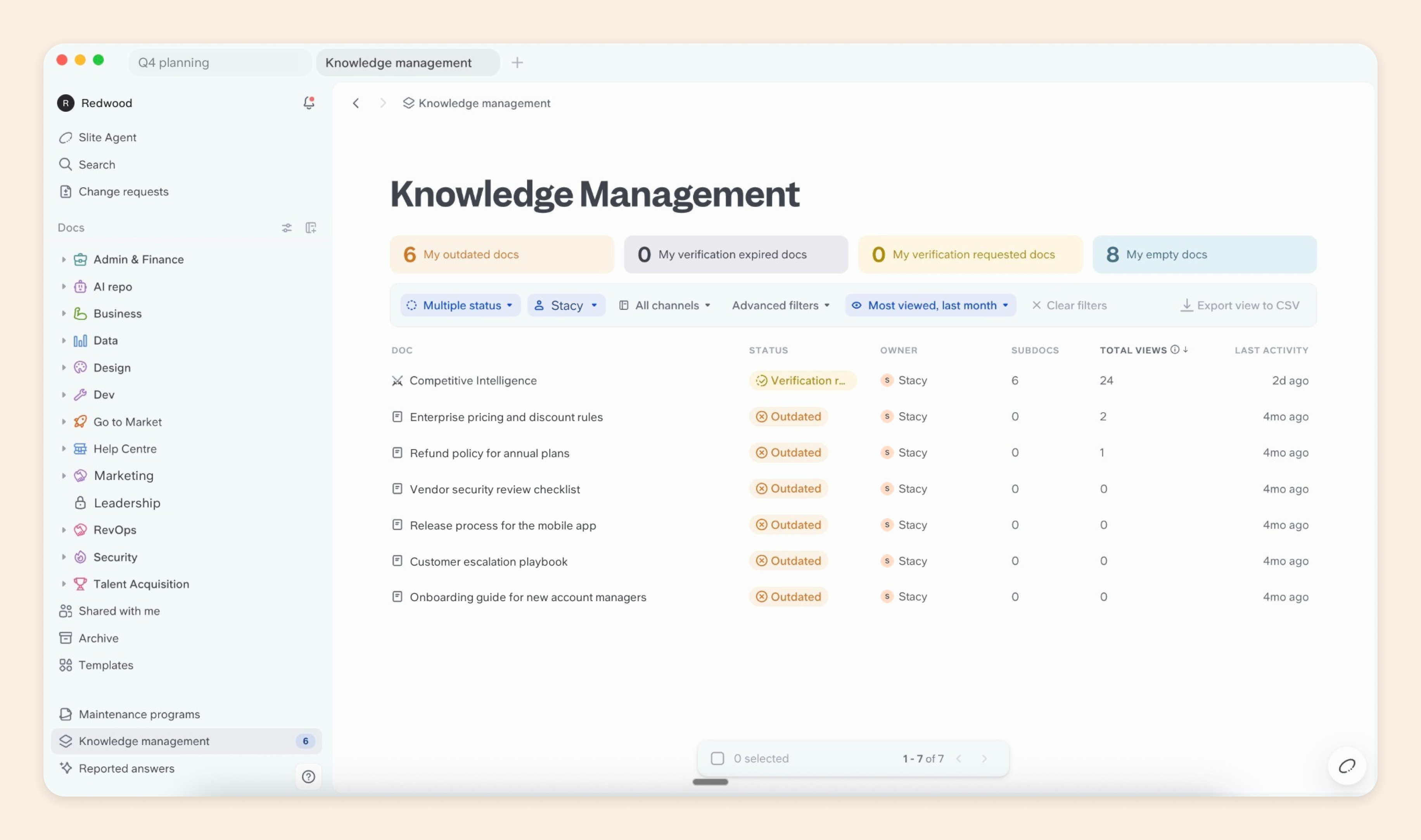 Slite Knowledge Management Panel showing outdated documents, owners and verification status