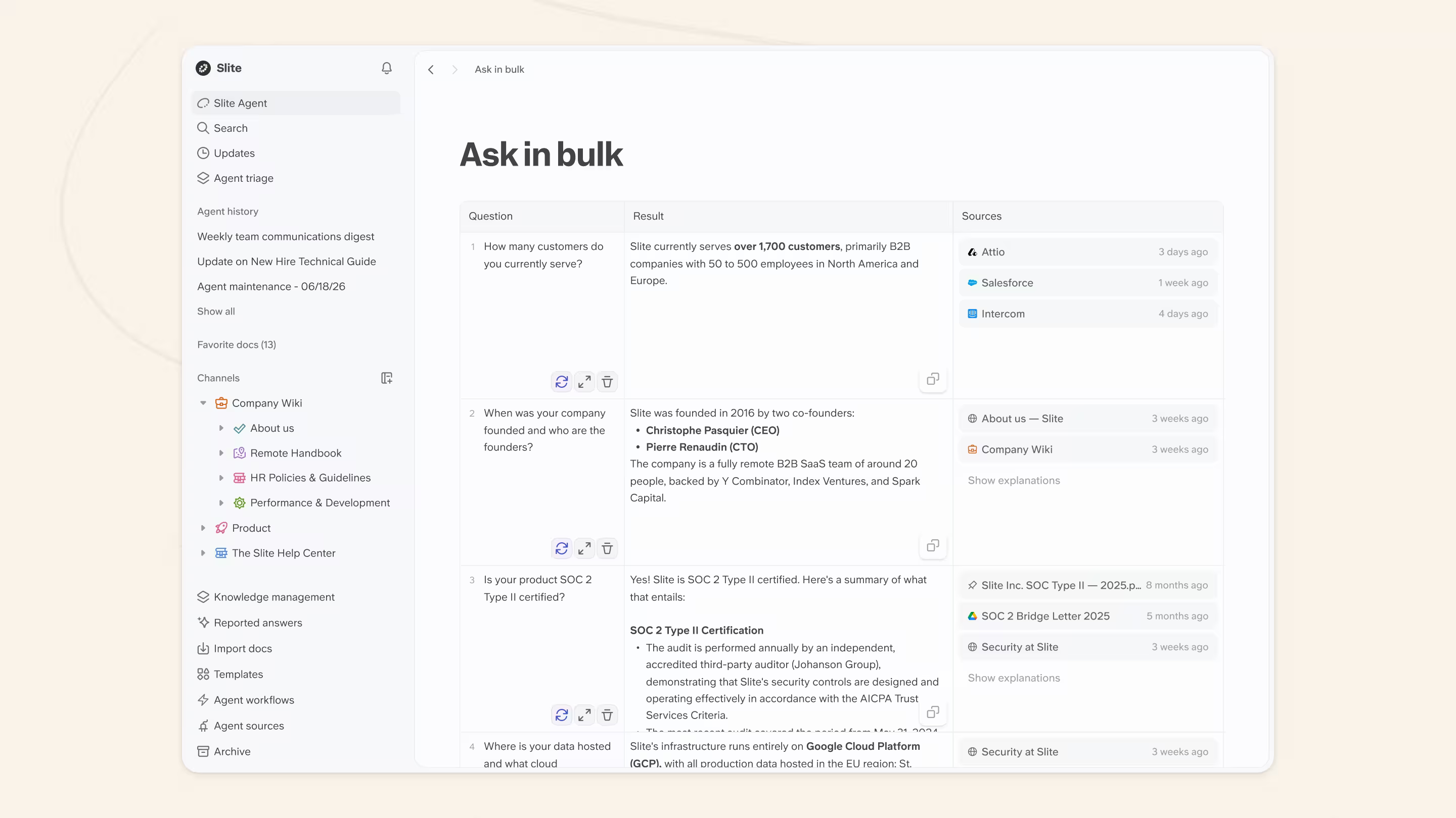 Slite Ask returning a sourced answer from the company knowledge base