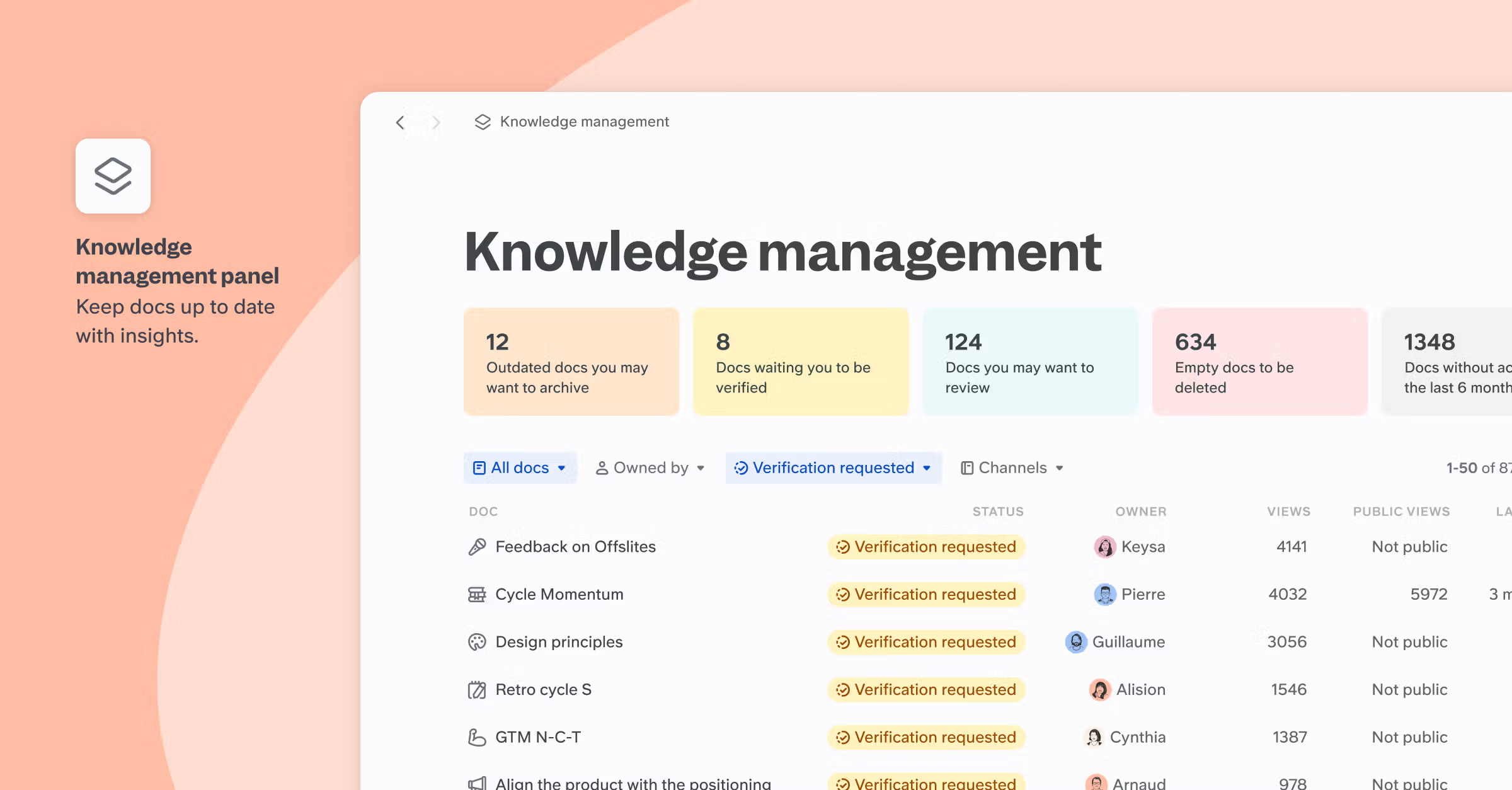 Slite's Knowledge Management panel