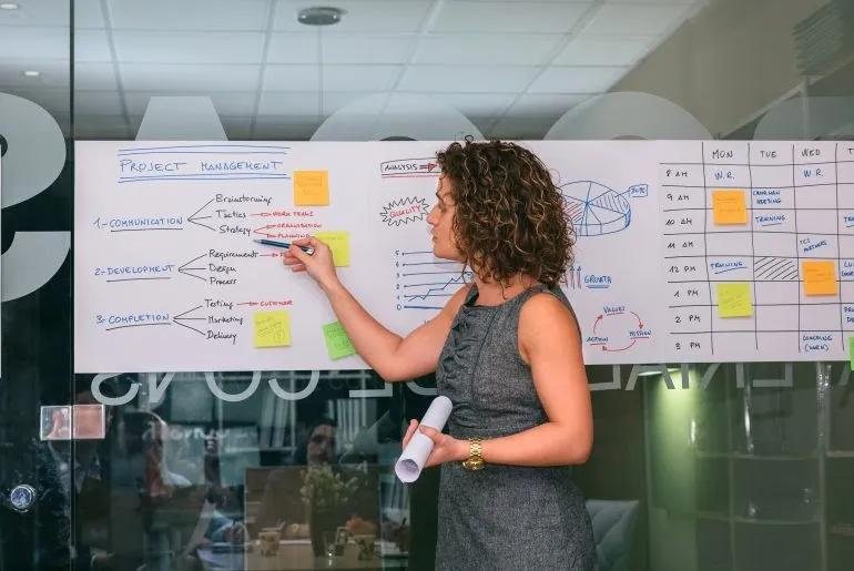 Mujer explicando la gestión de proyectos en un libro blanco