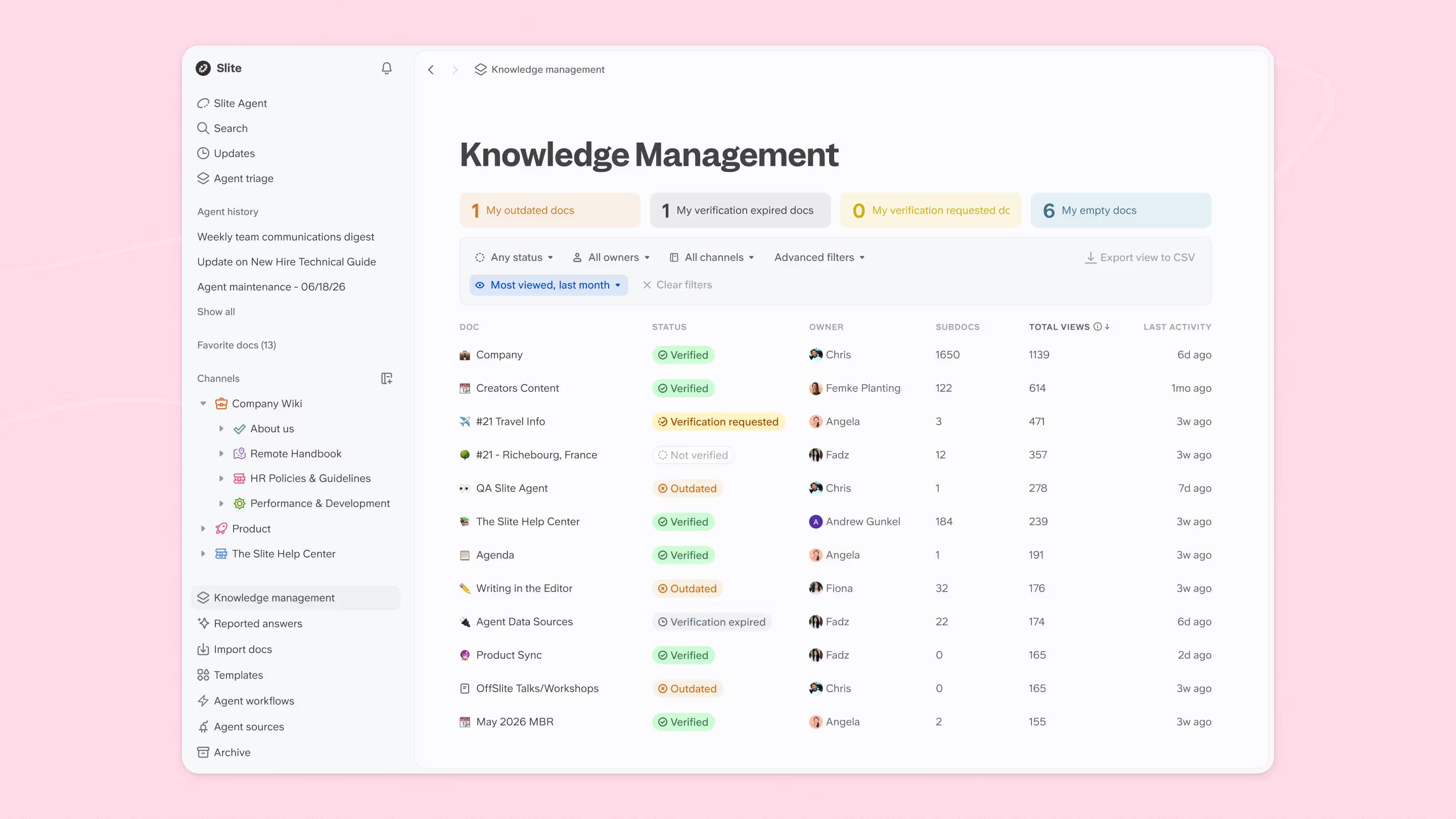 Knowledge management panel in Slite