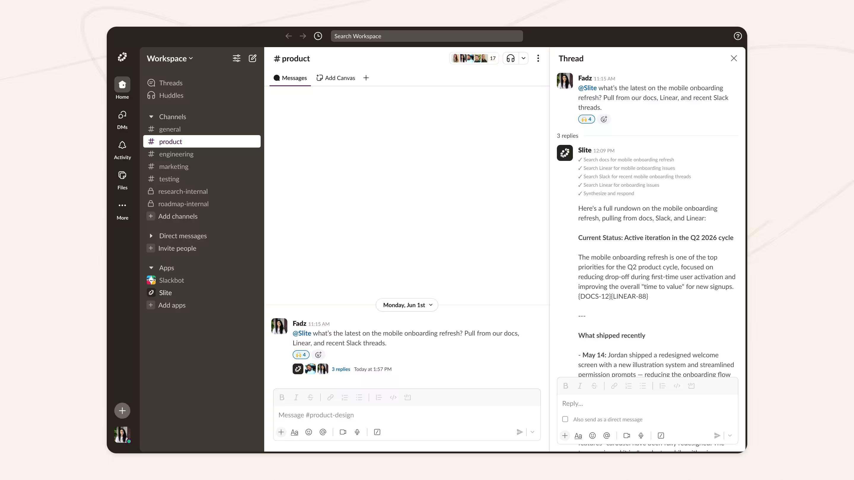 Slite agent answering questions in Slack