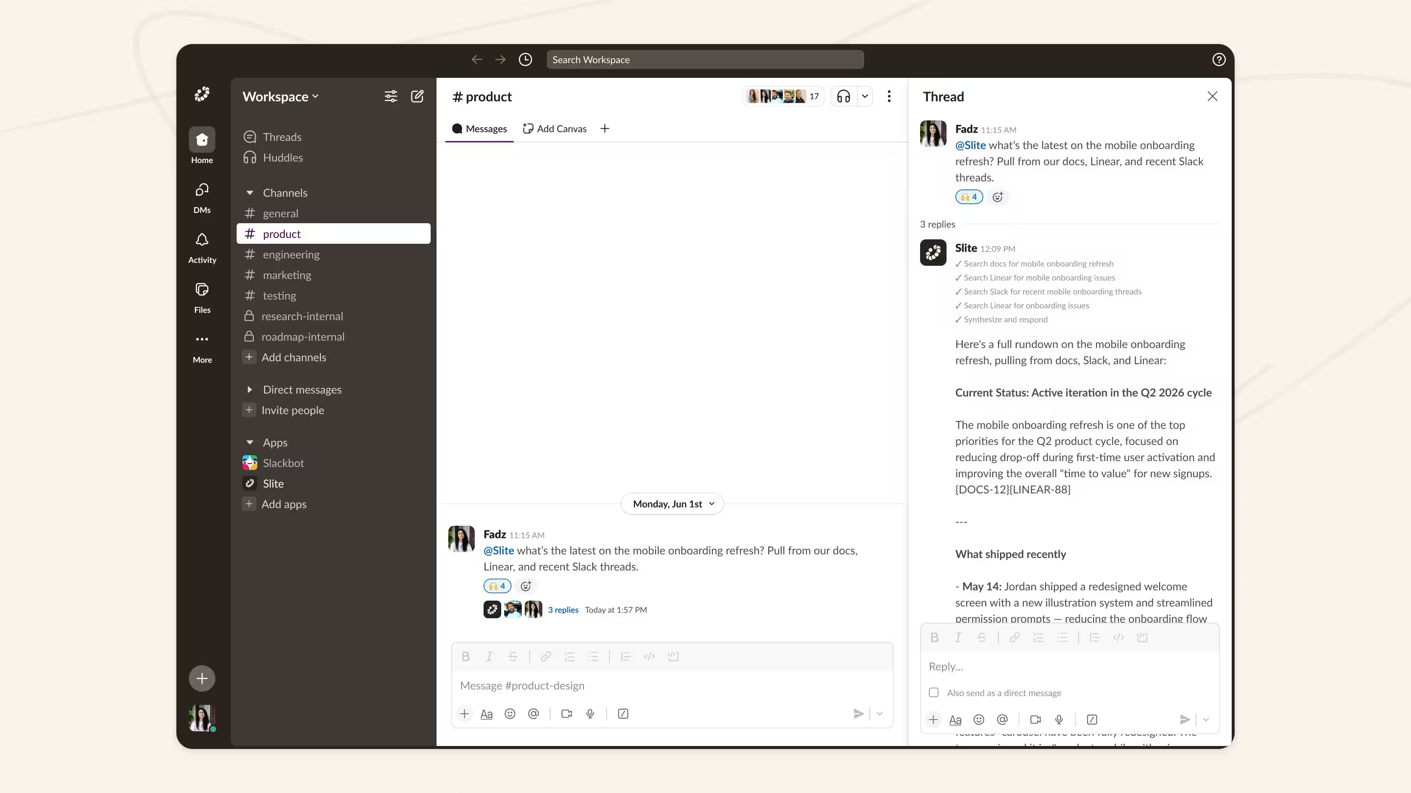 Slite surfacing knowledge base answers directly inside Slack