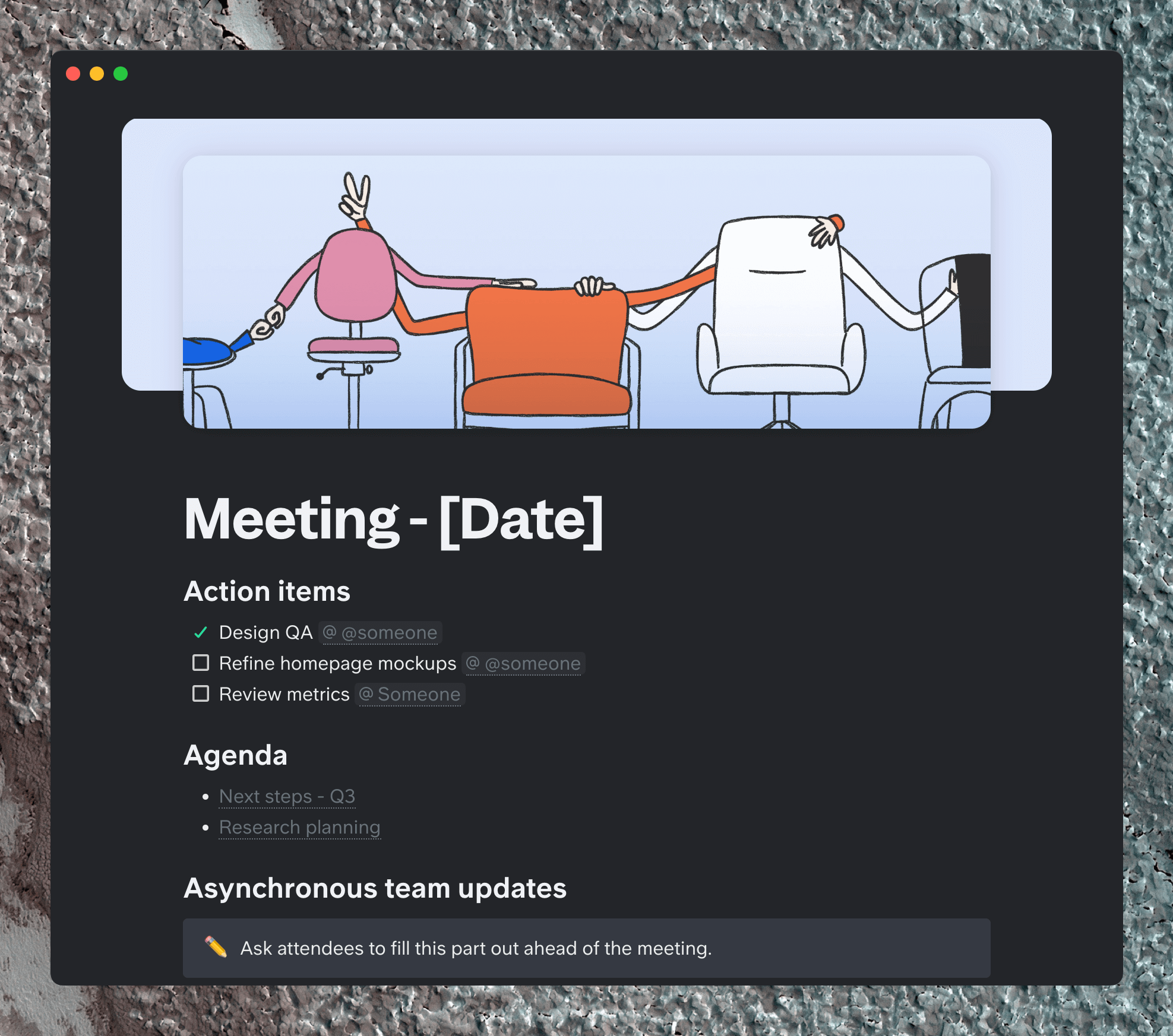 Slite weekly meeting template with an illustration and organizational tips