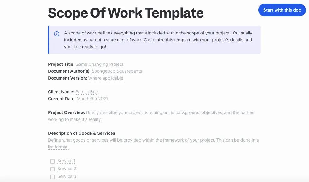 Die kostenlose Scope-of-Work-Vorlage von Slite