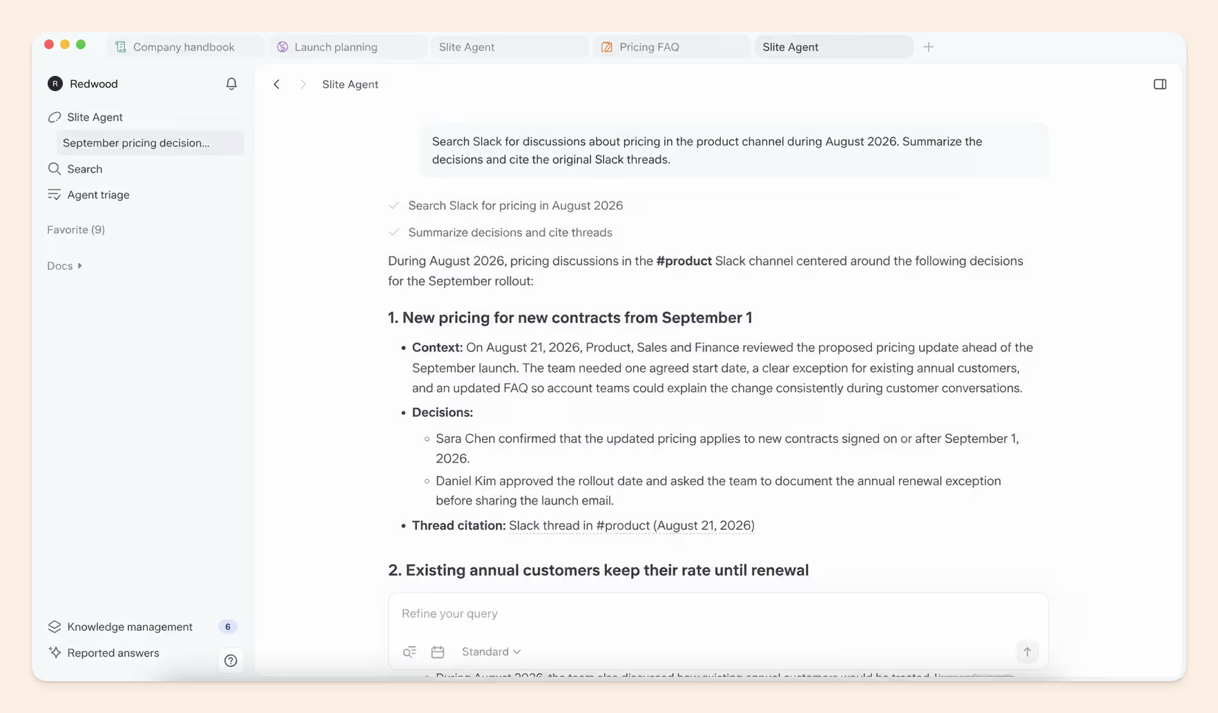 Slite Agent answer summarising decisions from Slack threads, with a citation to each source thread