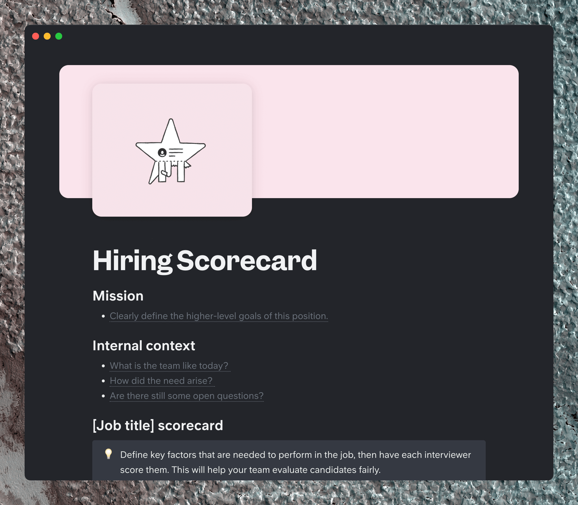 Slite hiring scorecard template with tables and tags
