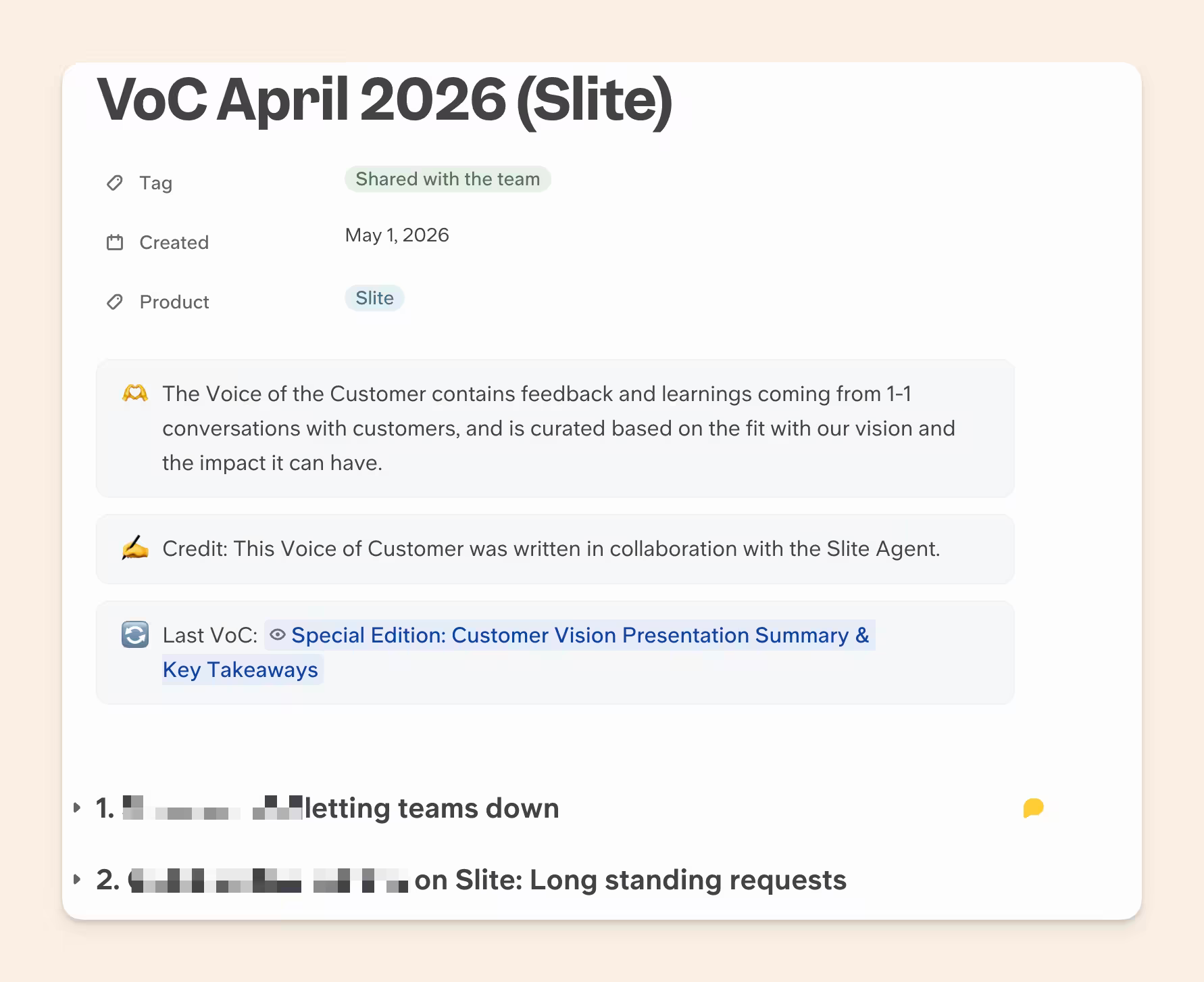 Slite Agent's voice-of-customer summary listing top insights and the number of customers behind each request