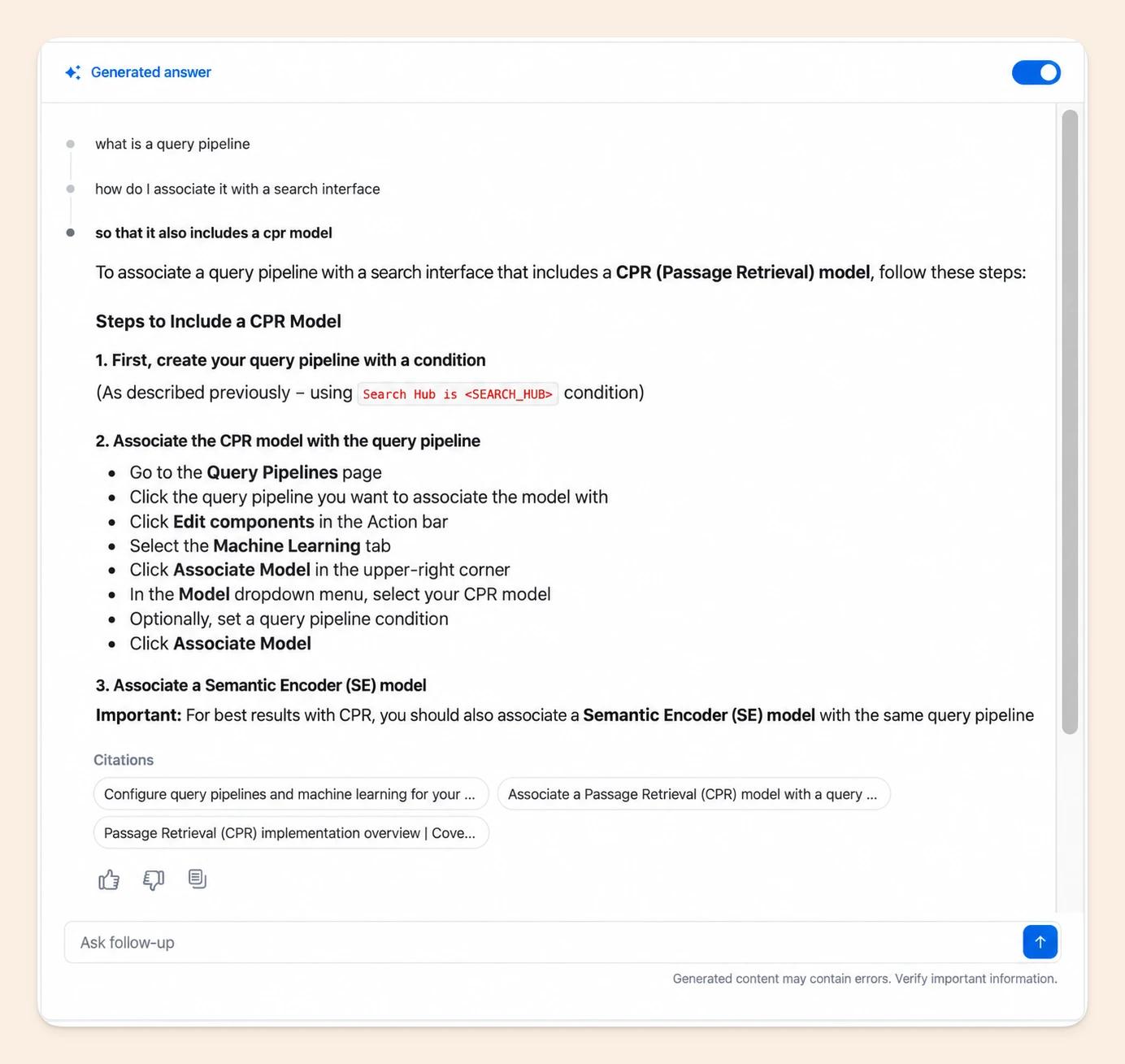 Coveo generated answer with multi-turn follow-up questions and citations