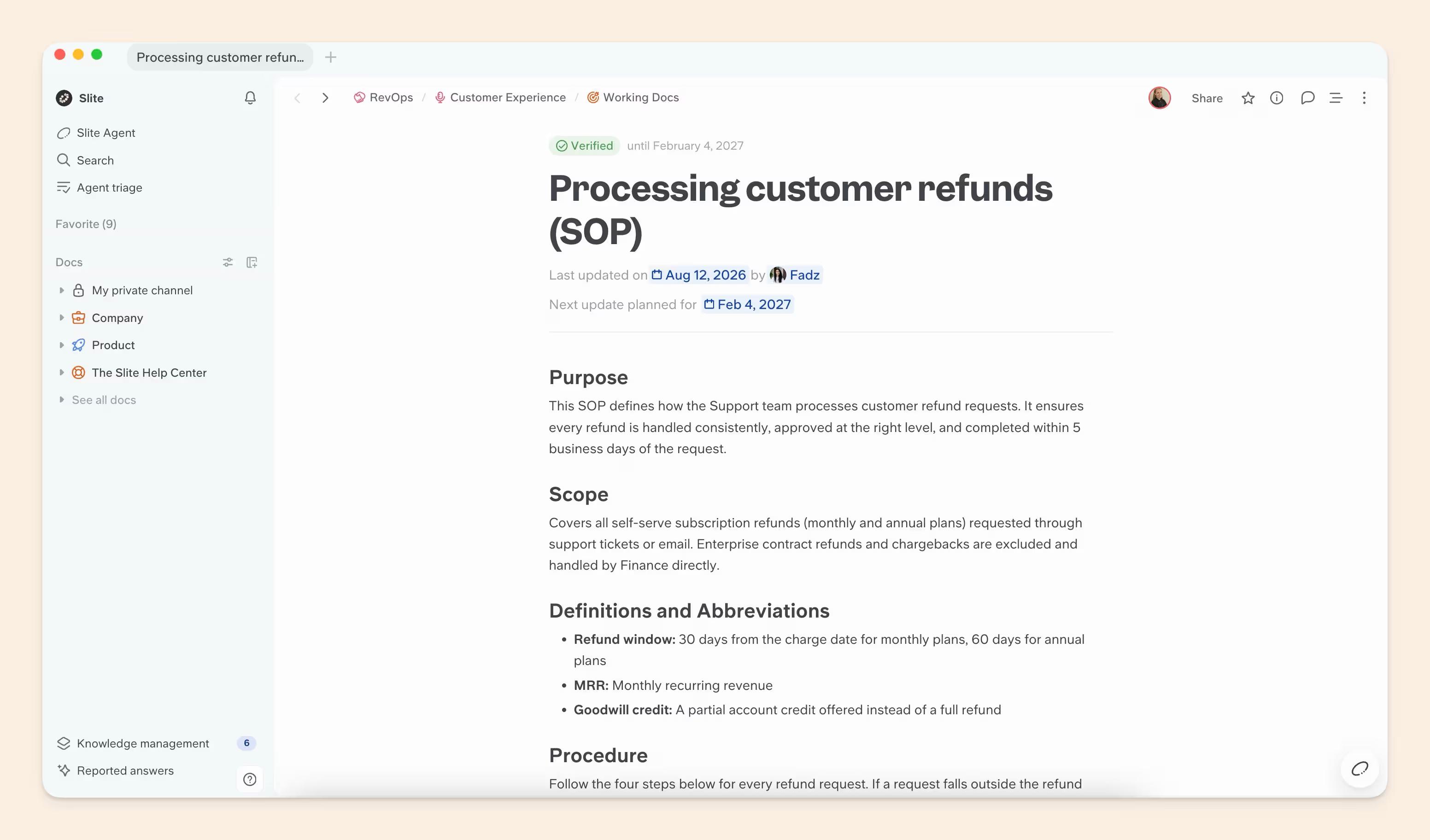 Processing refunds SOP example Slite doc