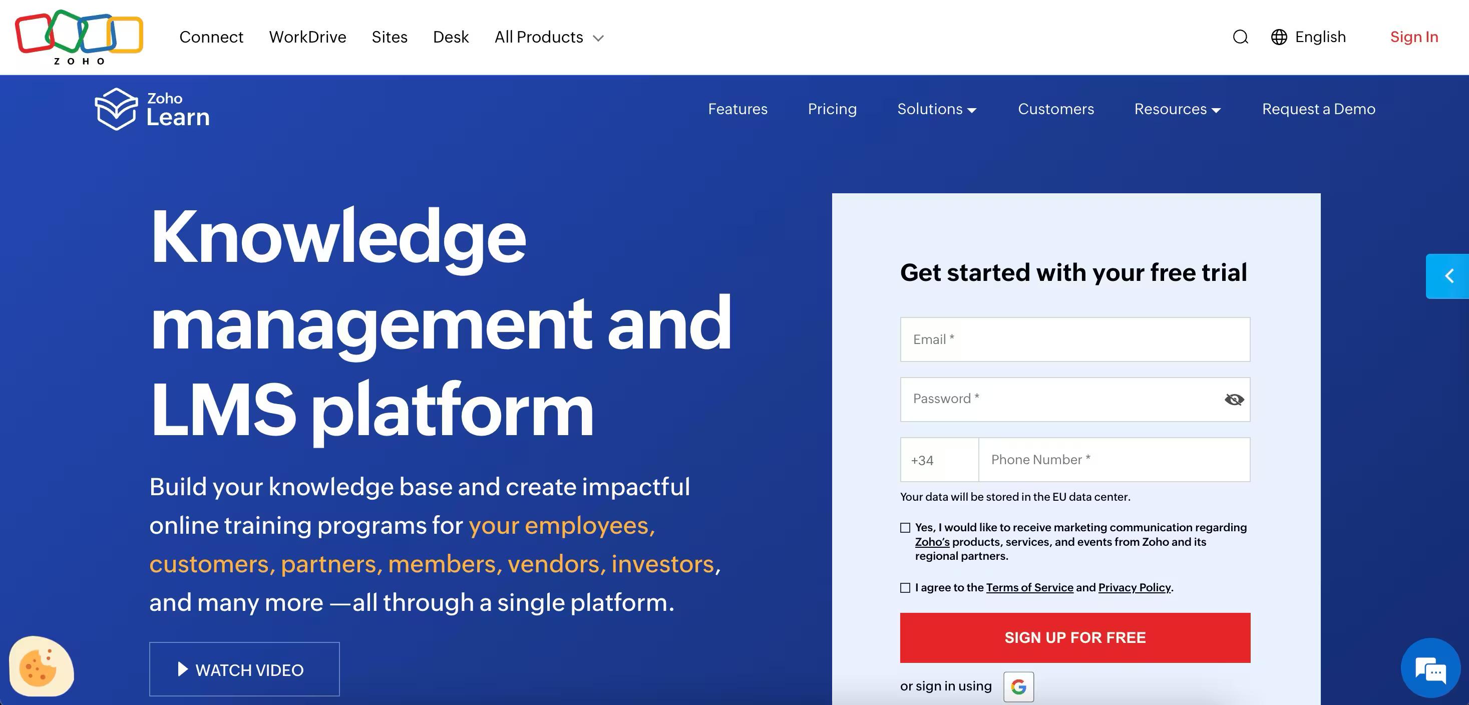 Zoho Learn homepage