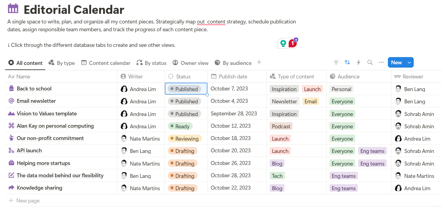 Content calendar setup in Notion