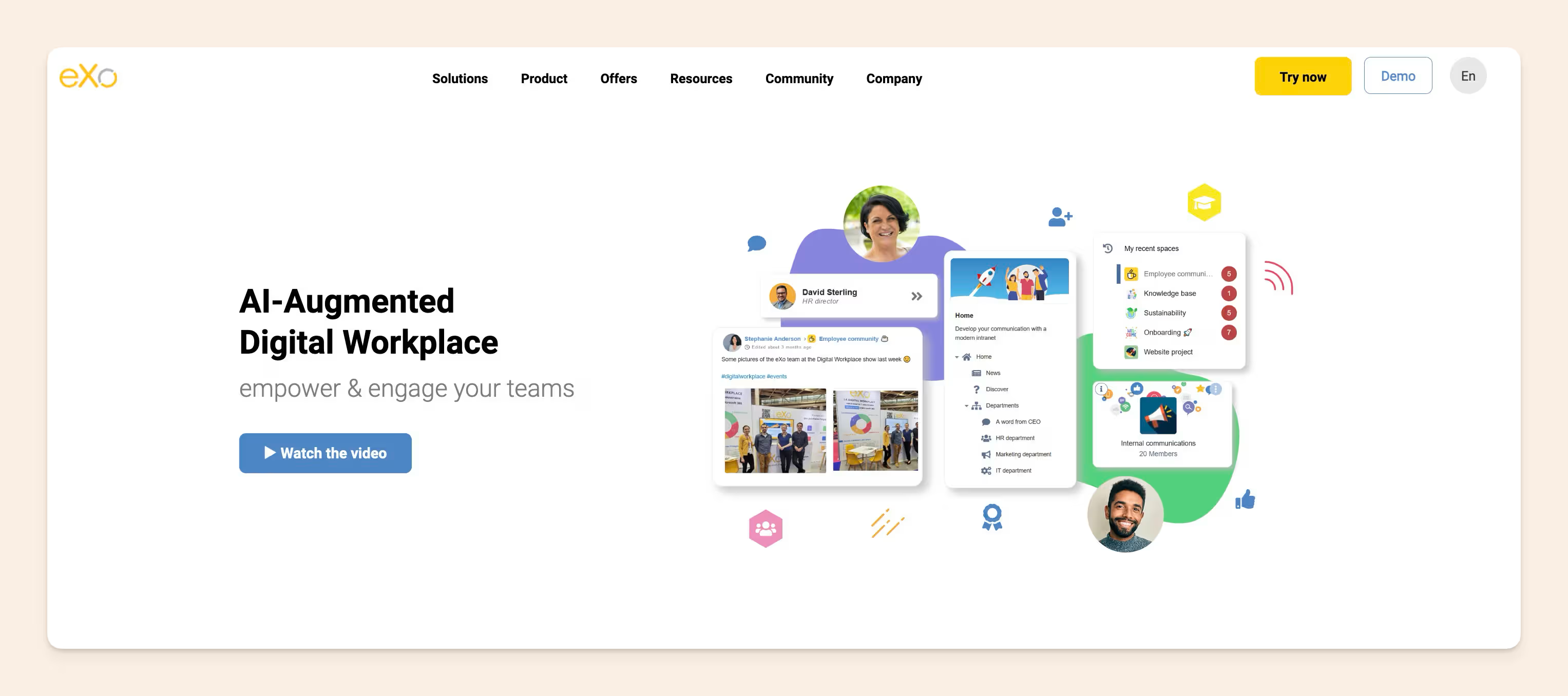 eXo Platform homepage showing its AI-augmented digital workplace positioning