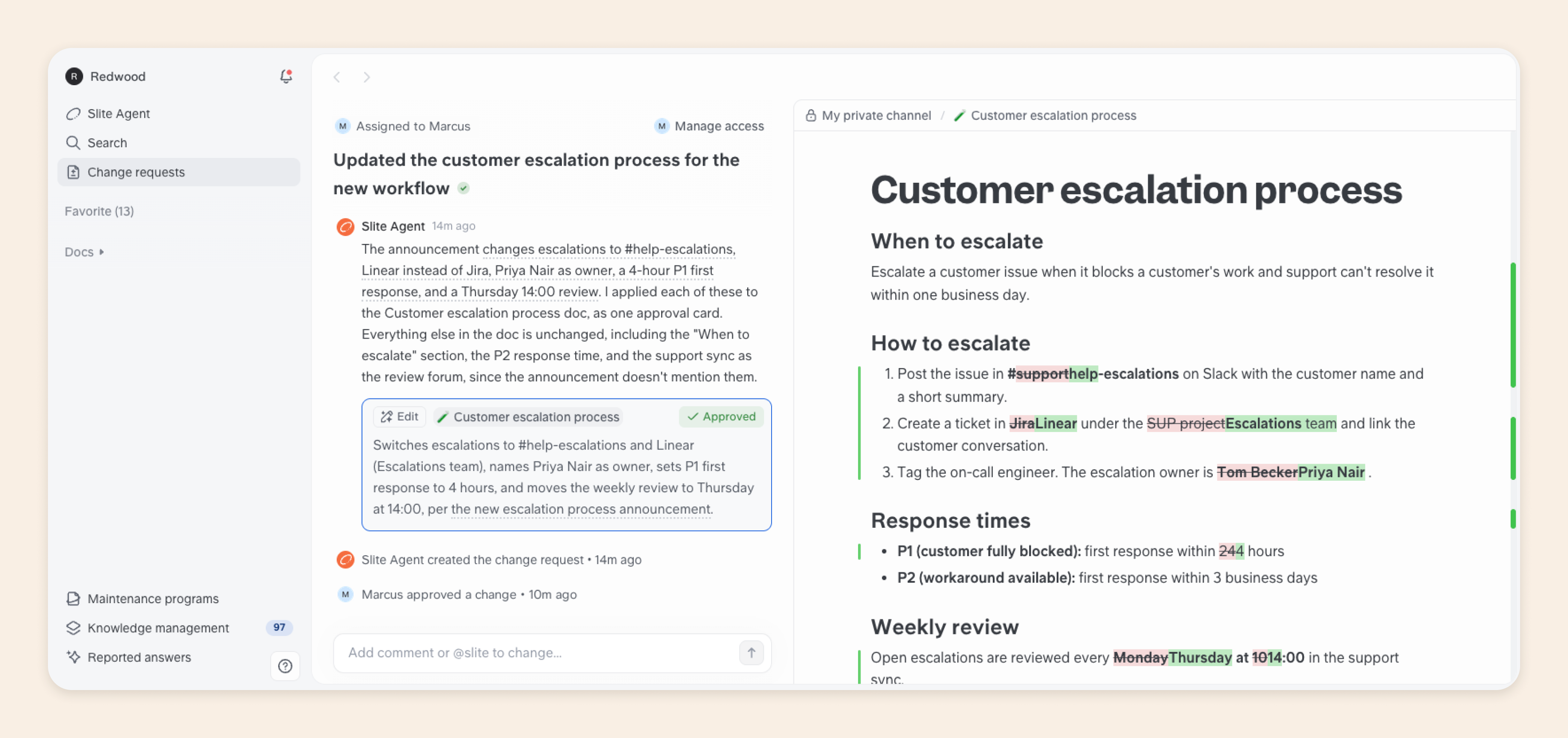 Slite Agent change request updating a customer escalation process document, approved by the document owner