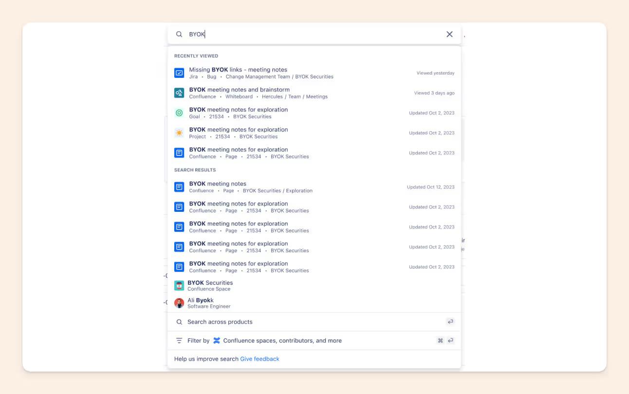 Atlassian Rovo search UI screenshot