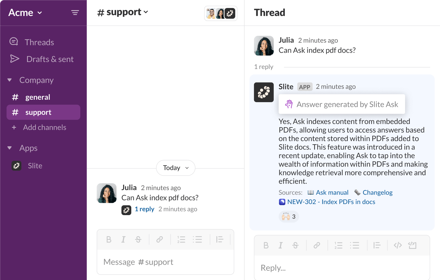 Get questions answered through Ask in Slack