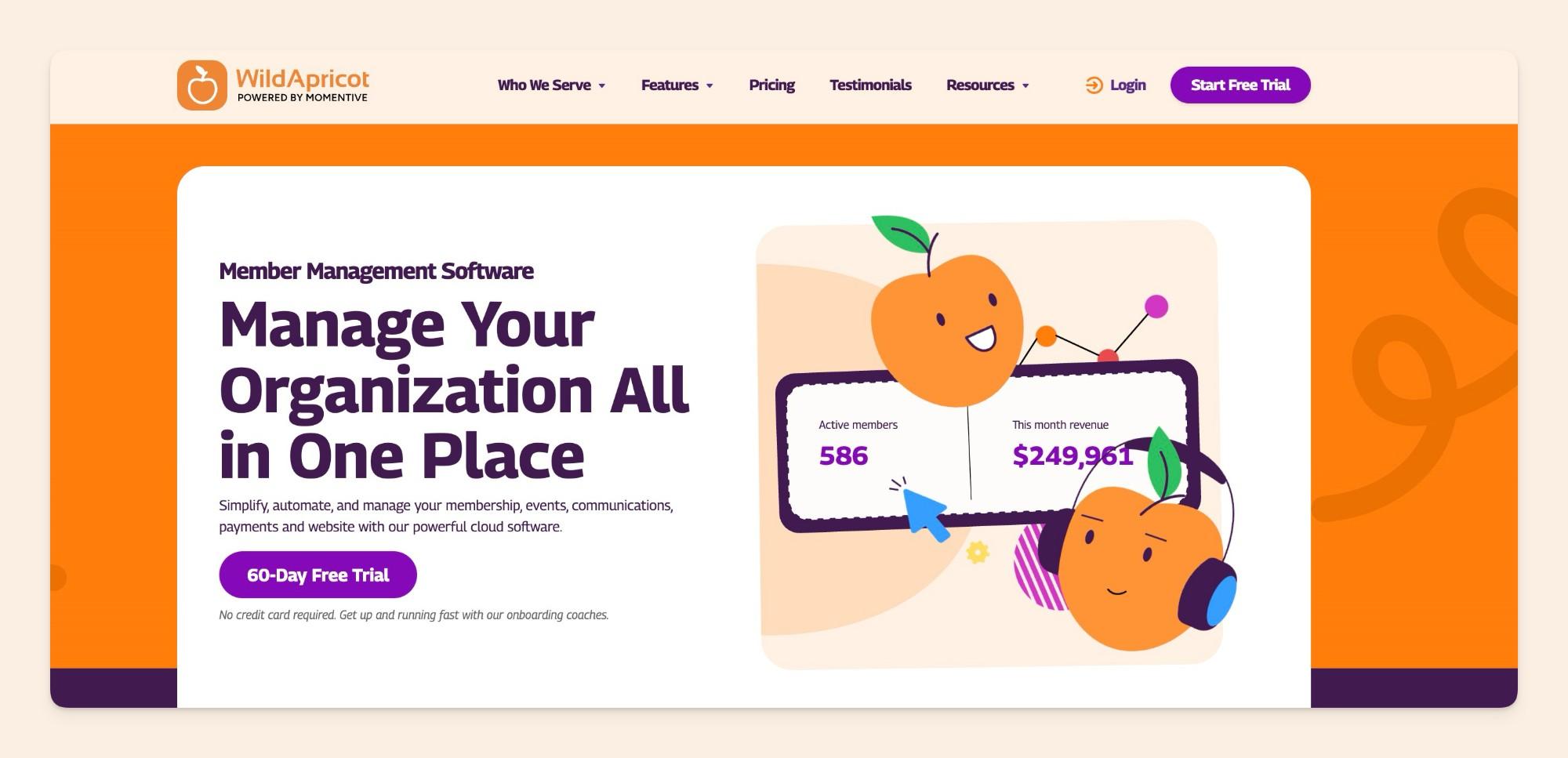 WildApricot homepage showing its membership management software