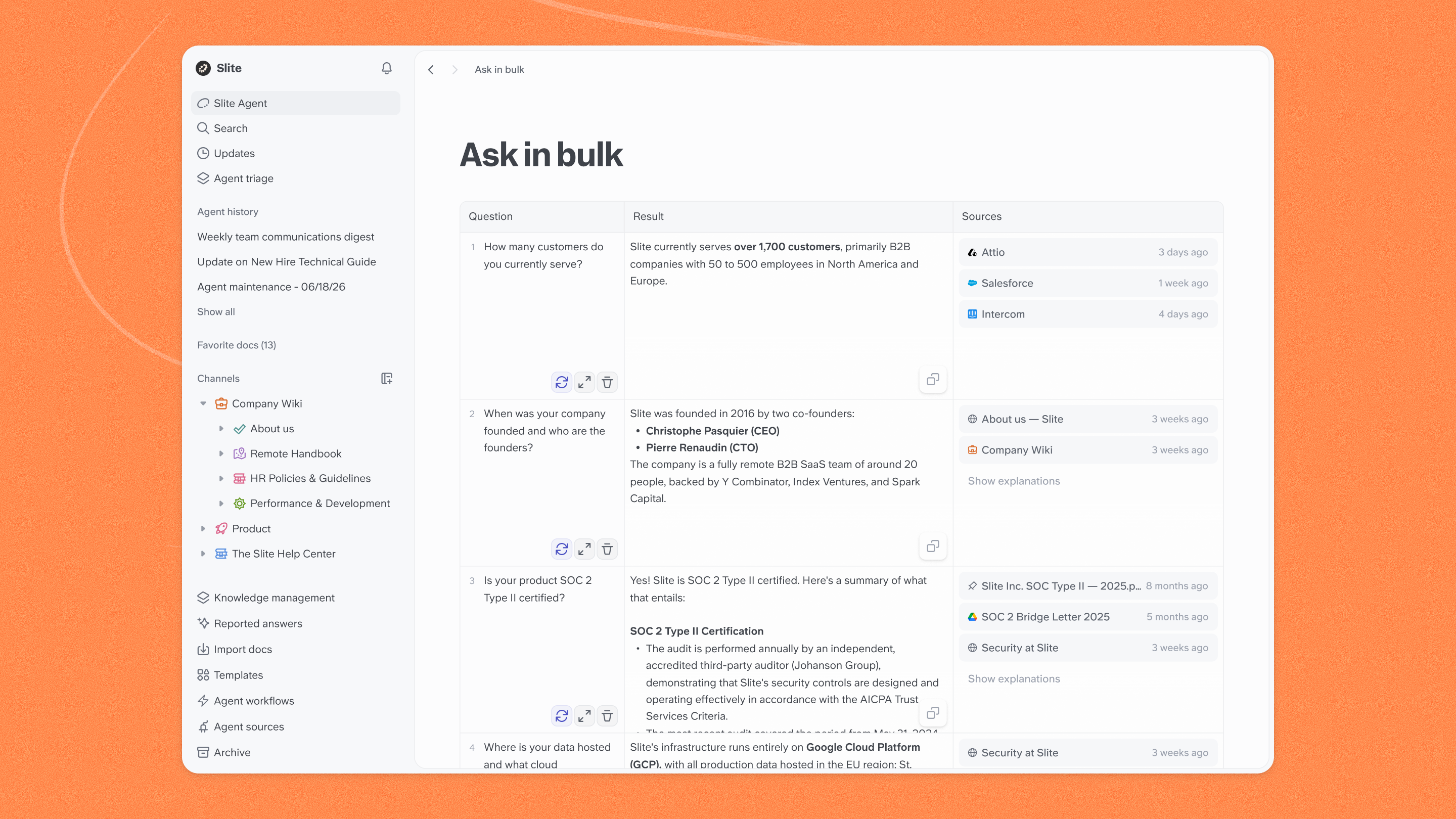 Slite Ask returning a sourced answer from the company knowledge base