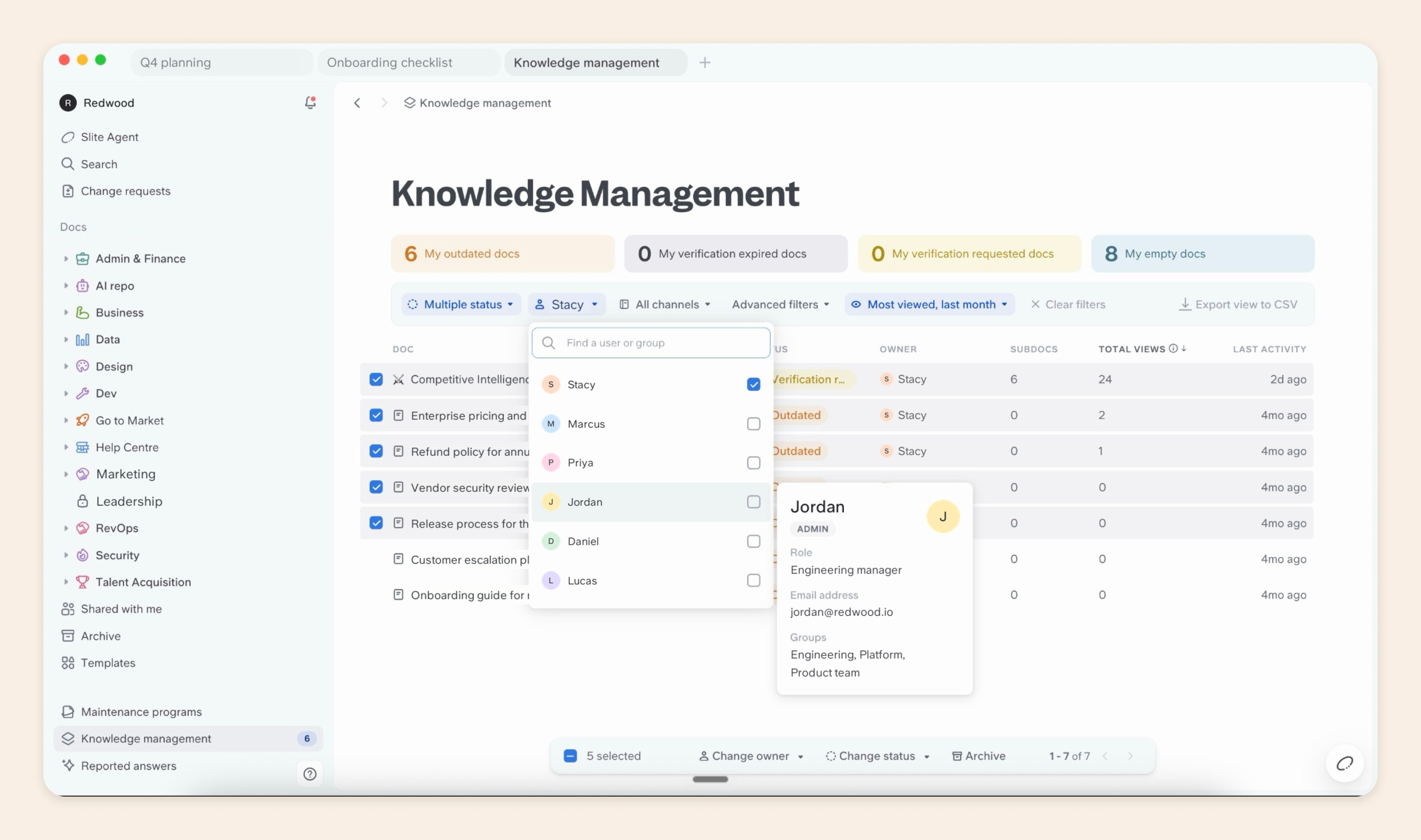 Knowledge Management Panel in Slite with documents selected to change owner, keeping institutional knowledge assigned after a reorganization