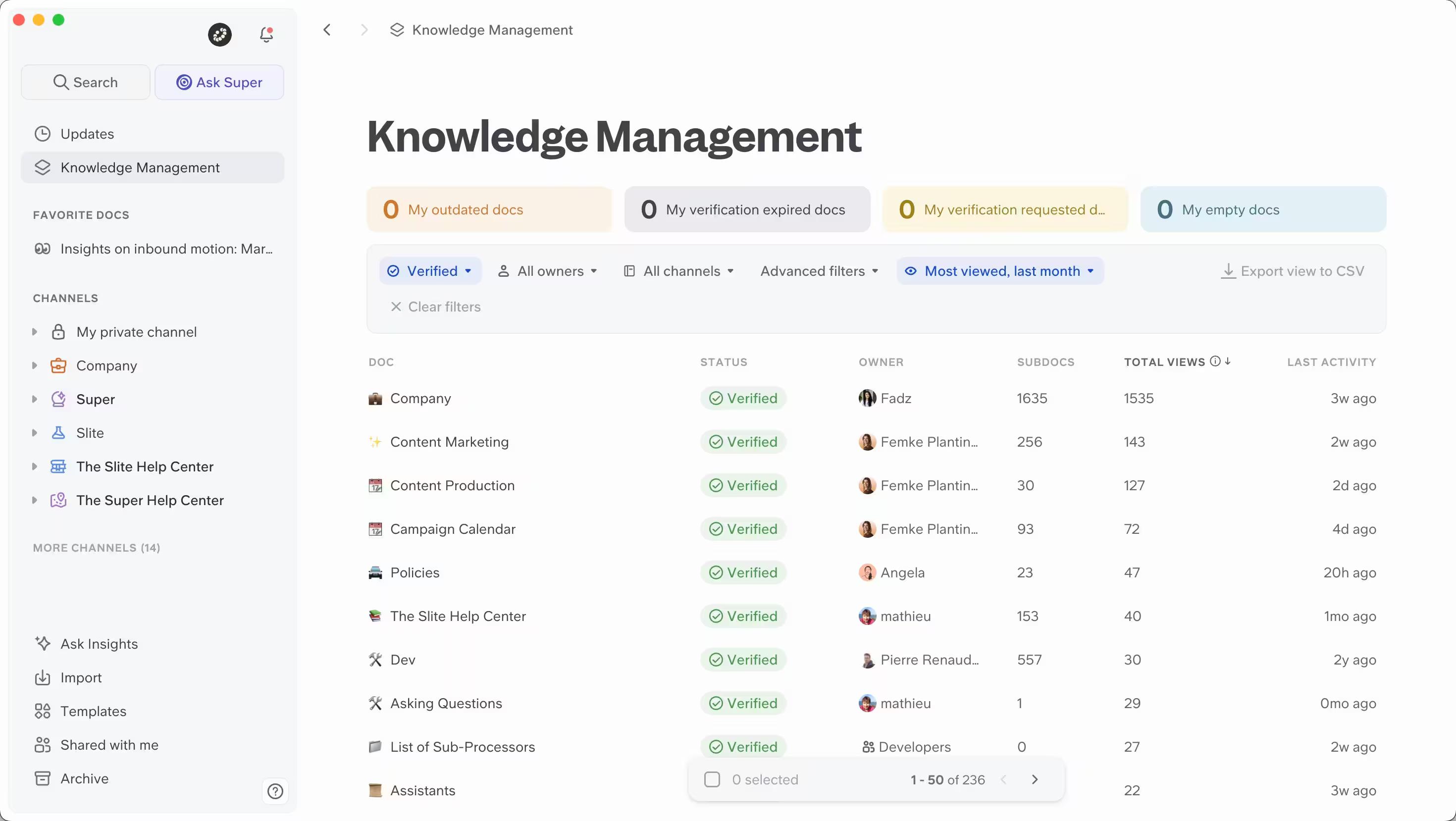 Knowledge management panel in Slite