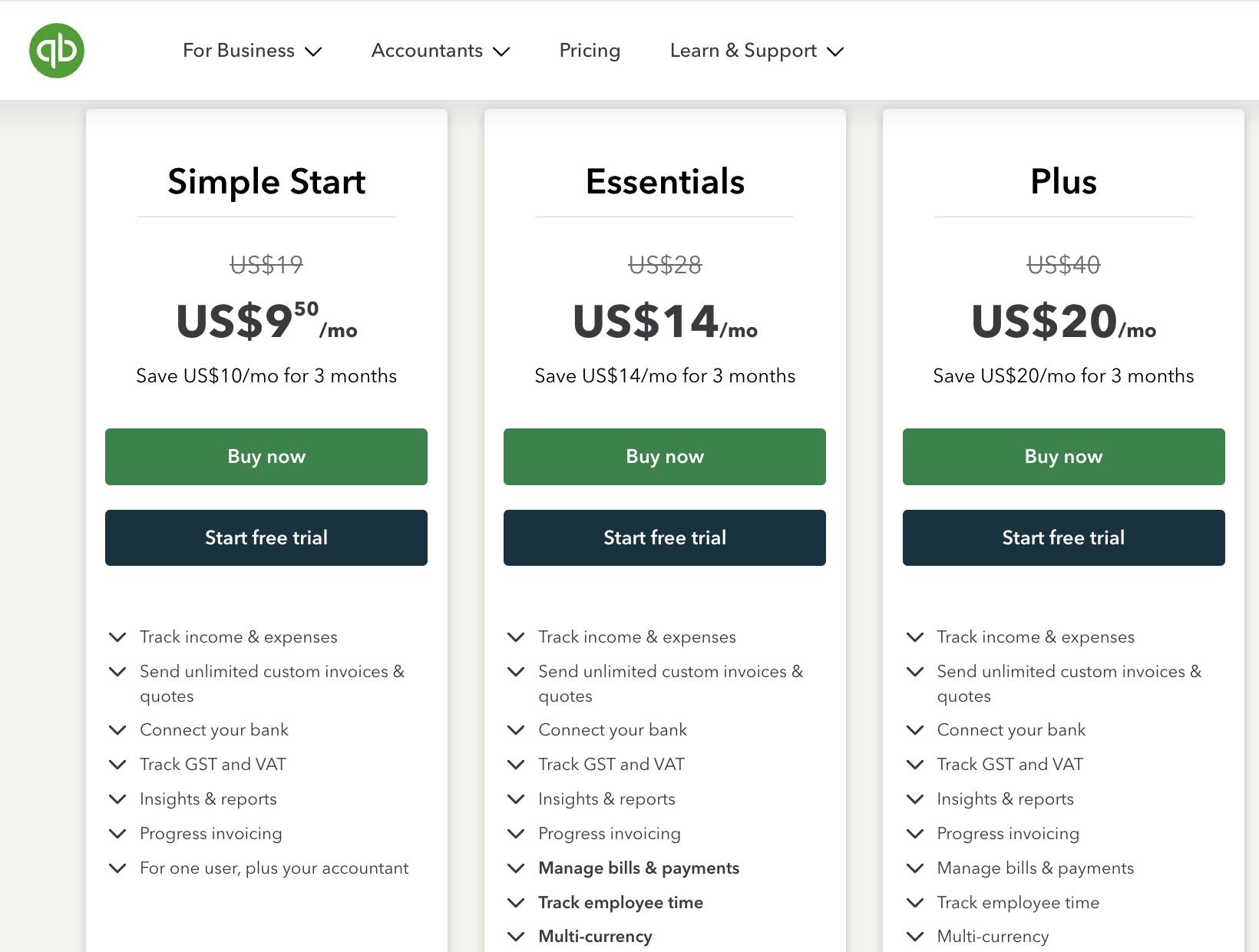 A screenshot of Quickbooks’ pricing page featuring cheap entry prices.