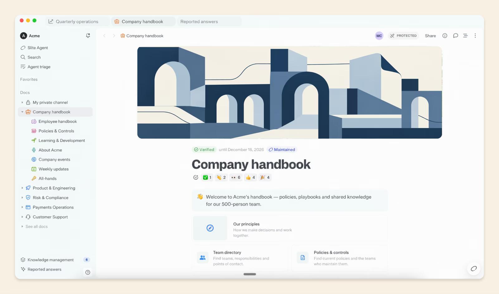 A Slite company handbook space opening on a welcome message, with the space's top-level docs listed in the sidebar.