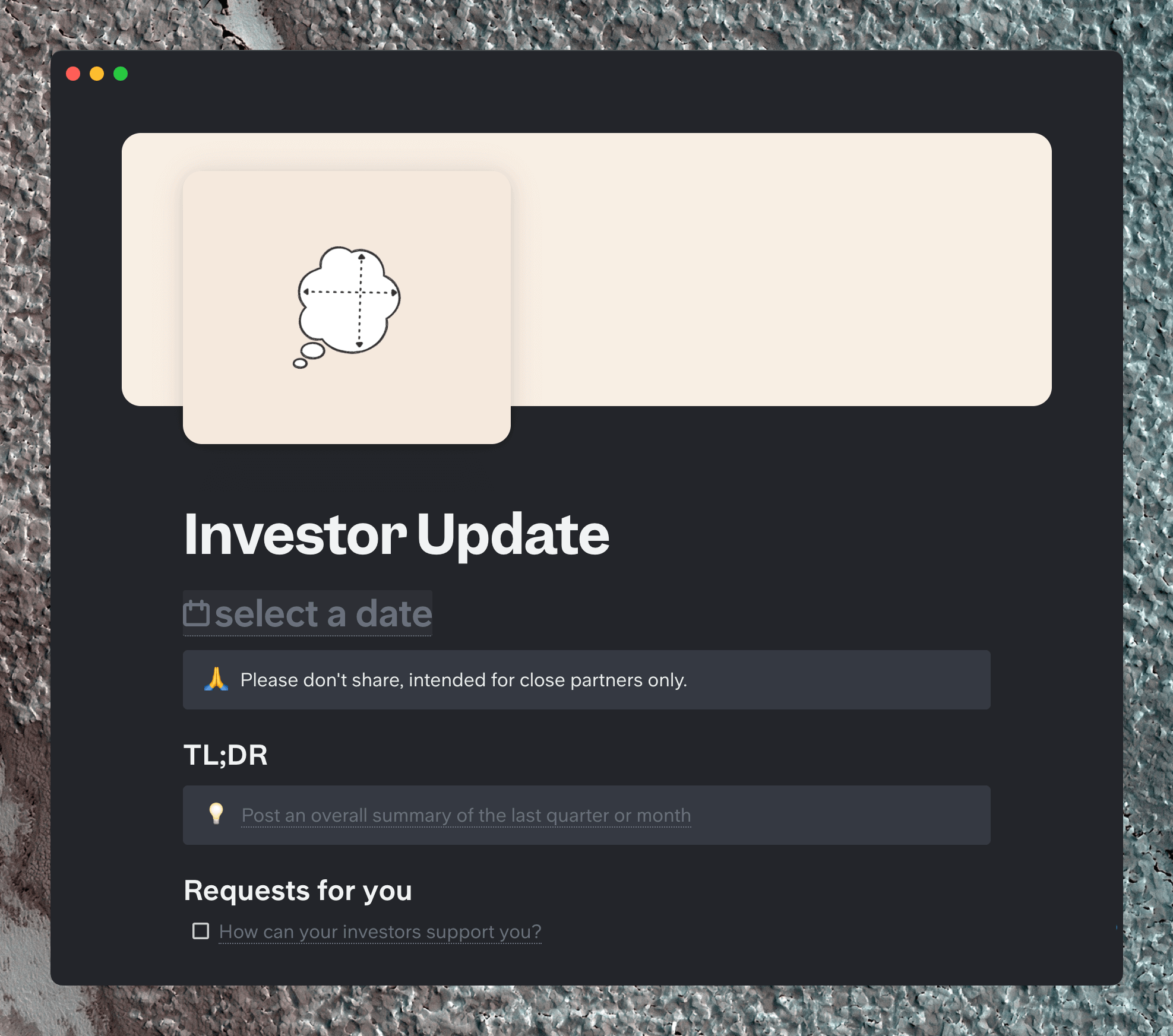 Clickable Slite investor update template with organizational tips