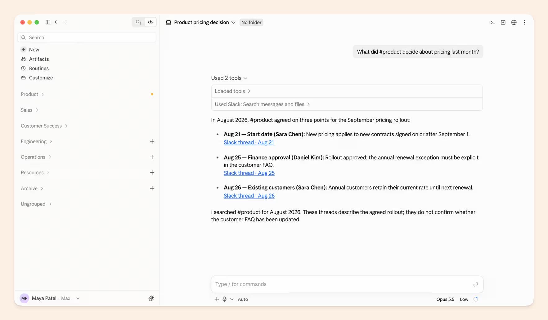 Claude answering "What did #product decide about pricing last month?" using Slack MCP, with links to the source Slack threads