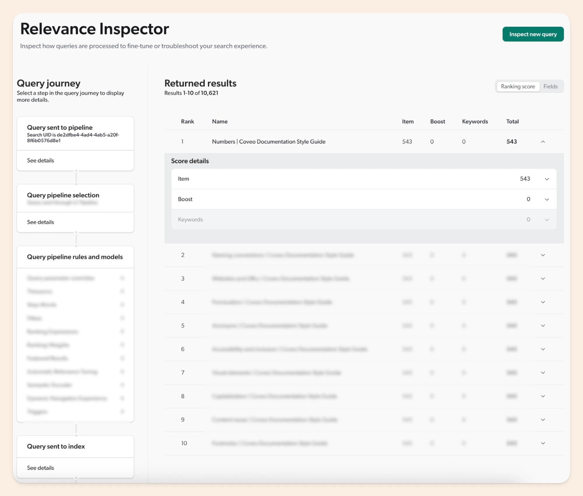 Coveo Relevance Inspector showing query journey and ranking scores