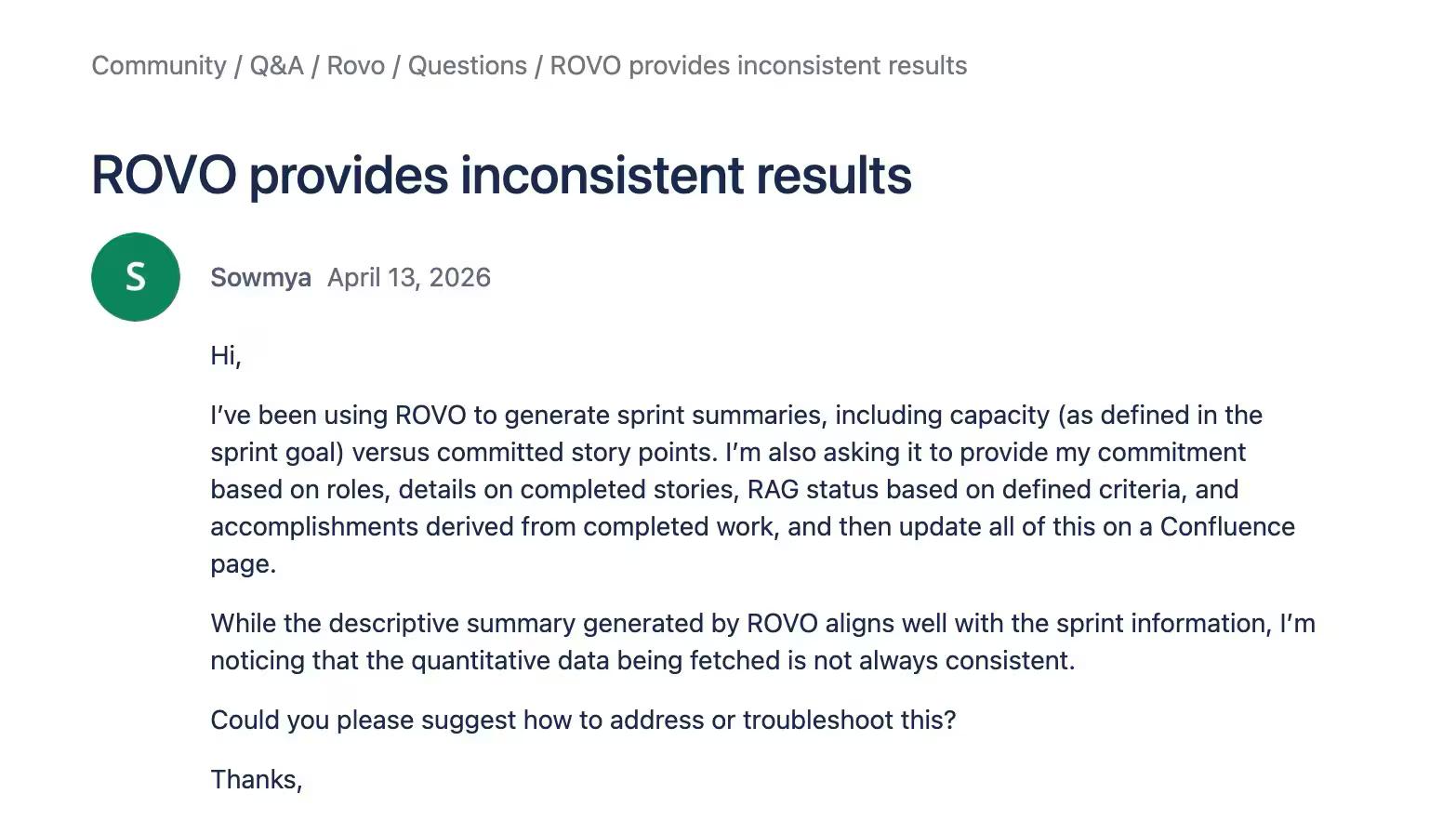 Confluence ROVO AI inconsistent results community question from Atlassian Community