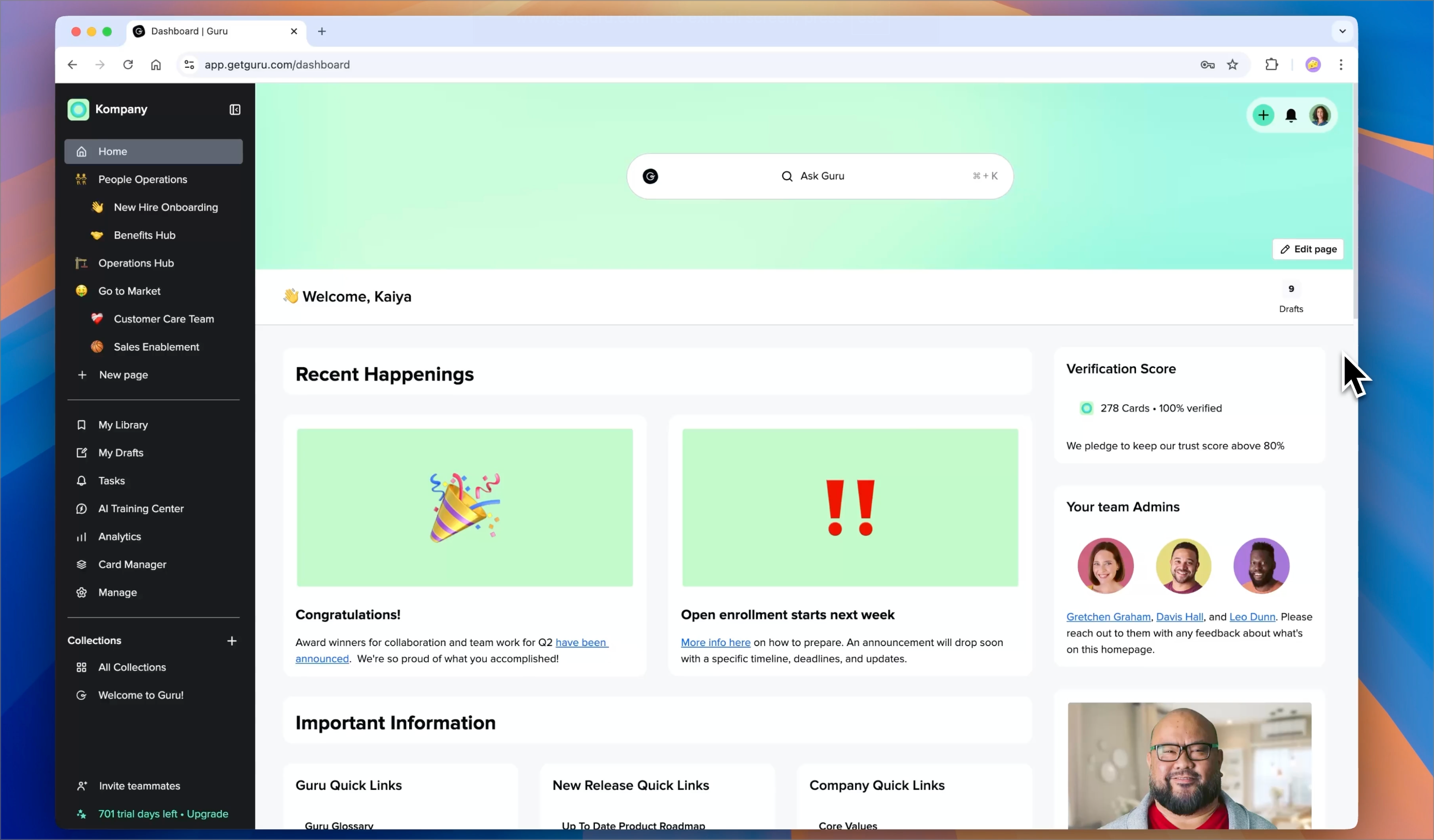 How Guru's intranet looks like