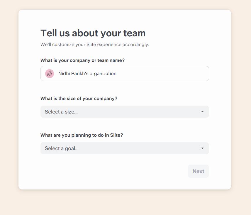 Questions to know your team while registering for Slite