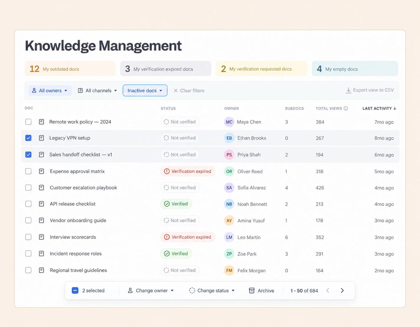 Slite Knowledge Management panel filtering inactive docs, with bulk archive and change owner