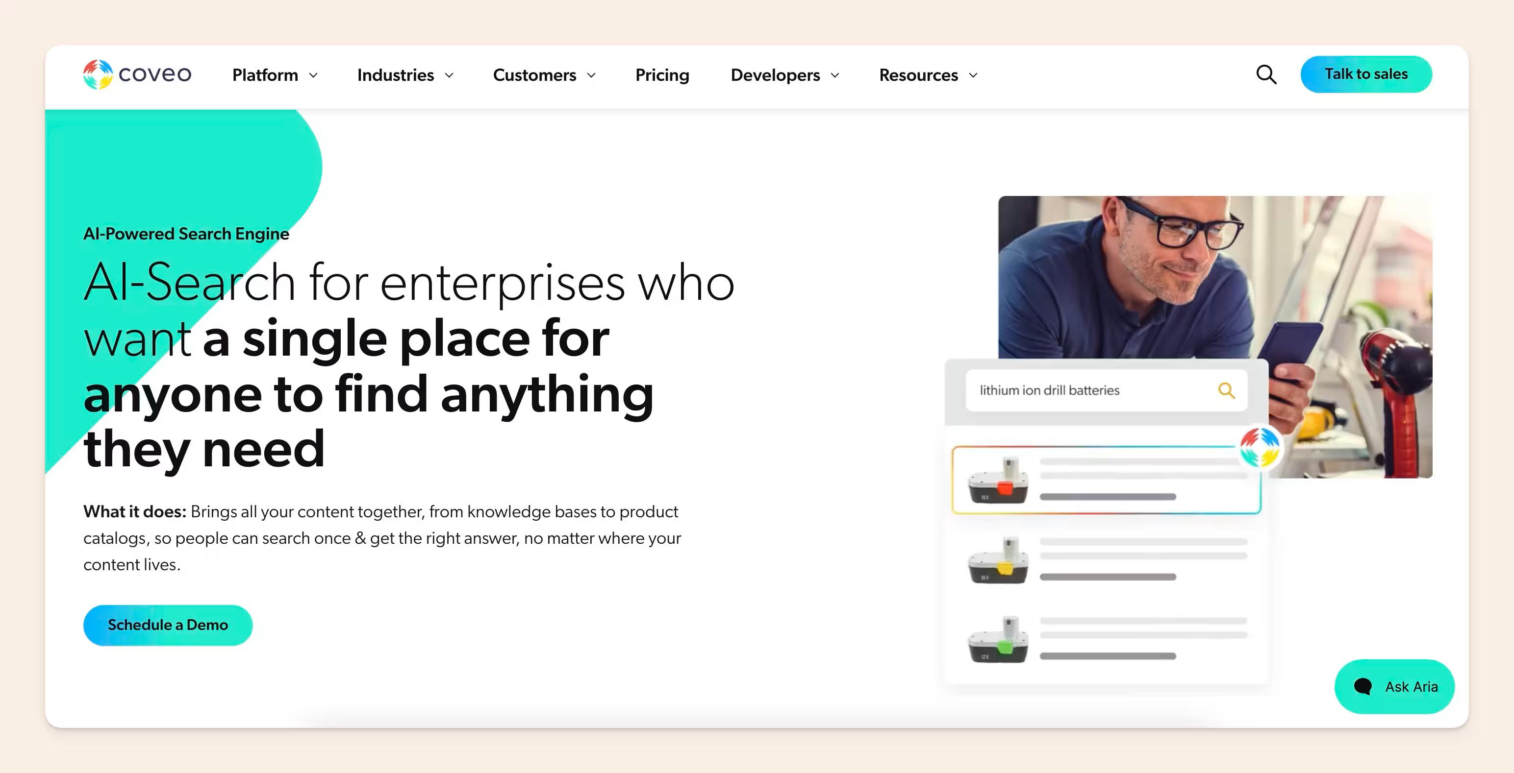 Coveo AI search landing page screenshot