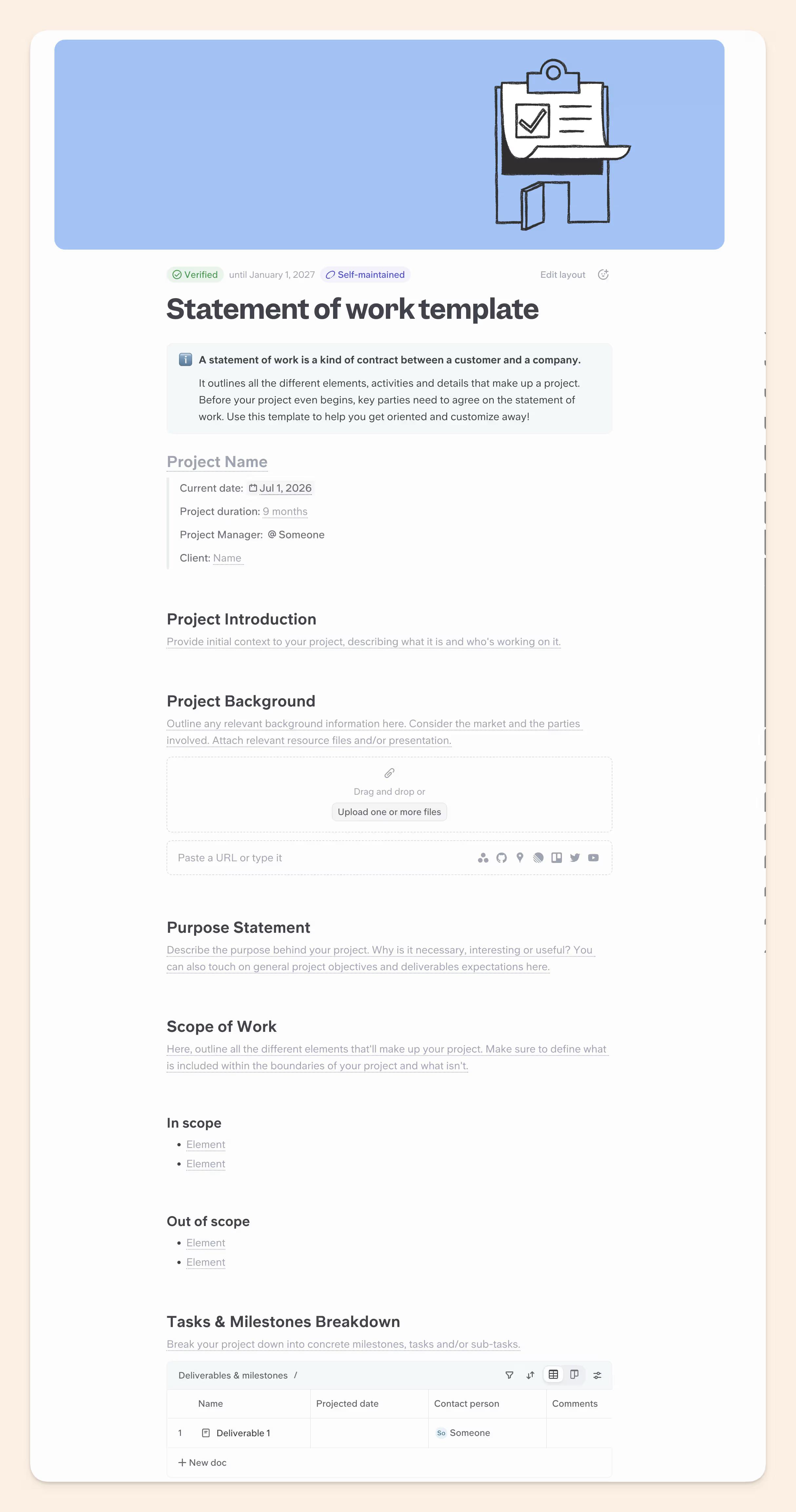 Statement of work template in Slite