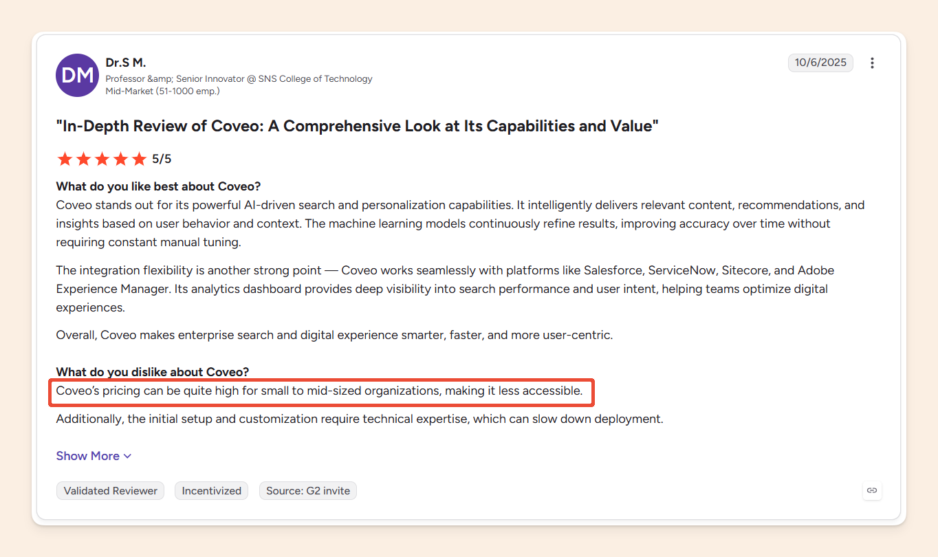 G2 review by Dr. S M. saying Coveo pricing is high for smaller organizations
