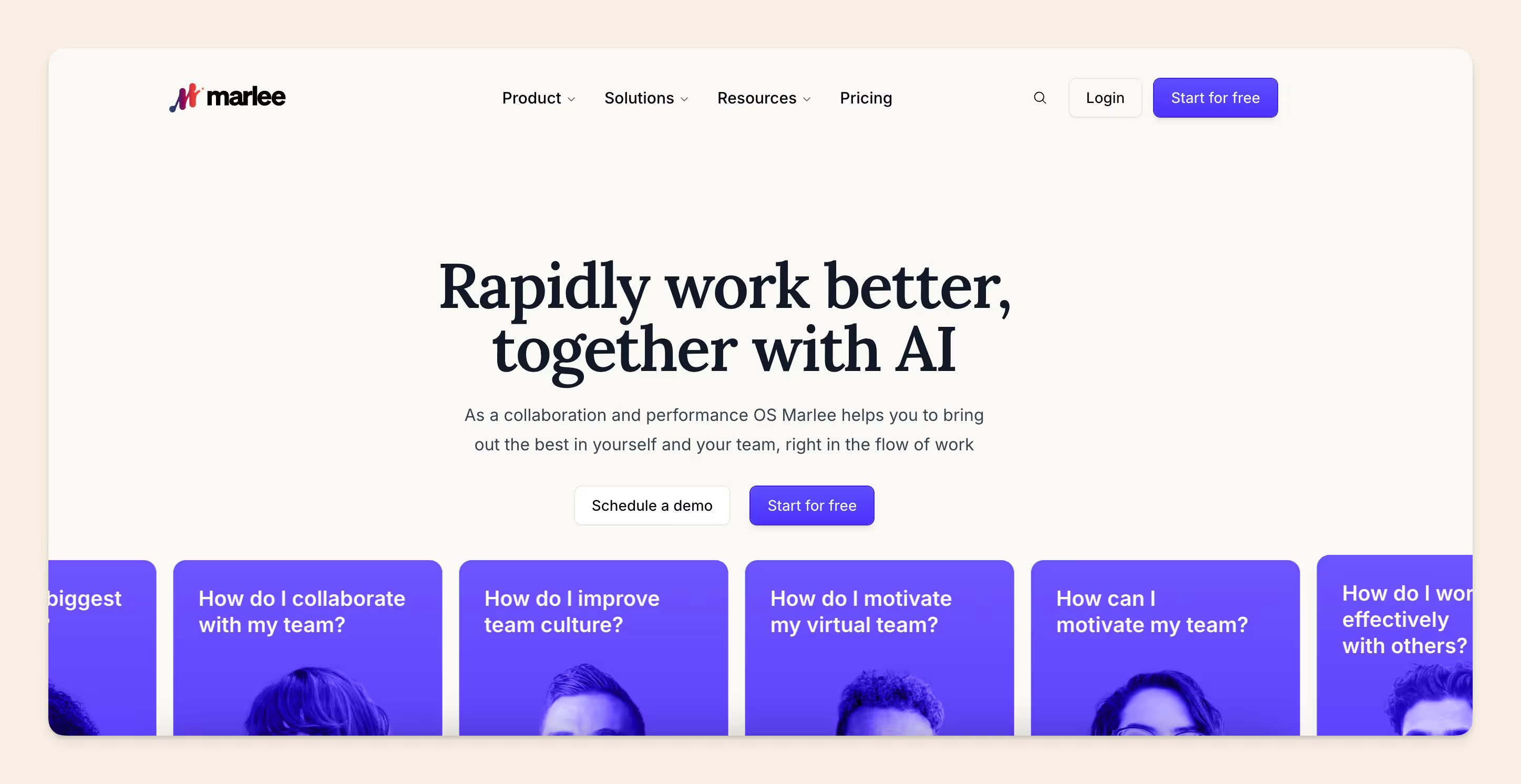 Marlee homepage showing its AI coaching and people analytics platform