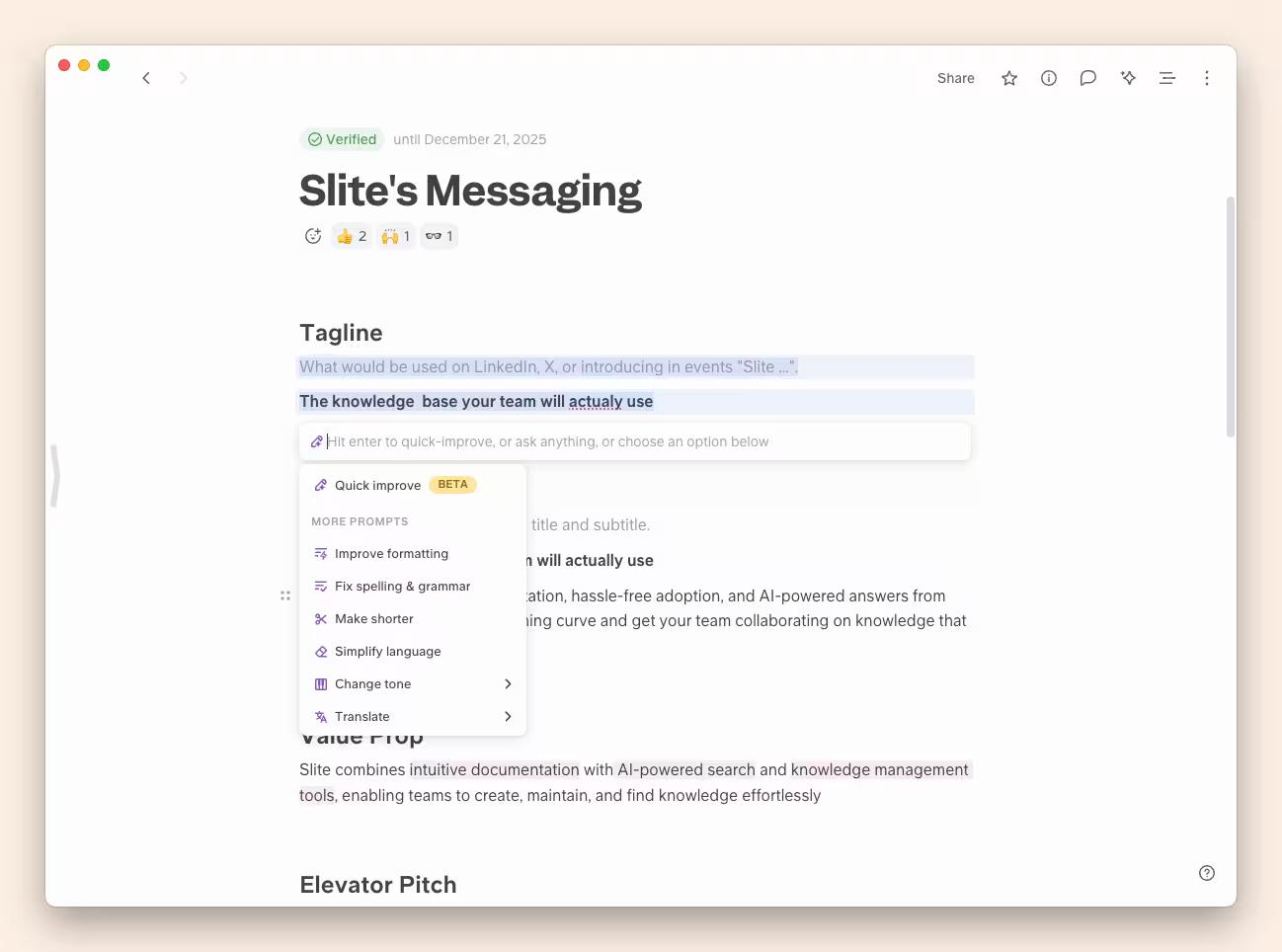 AI assisted writing in Slite