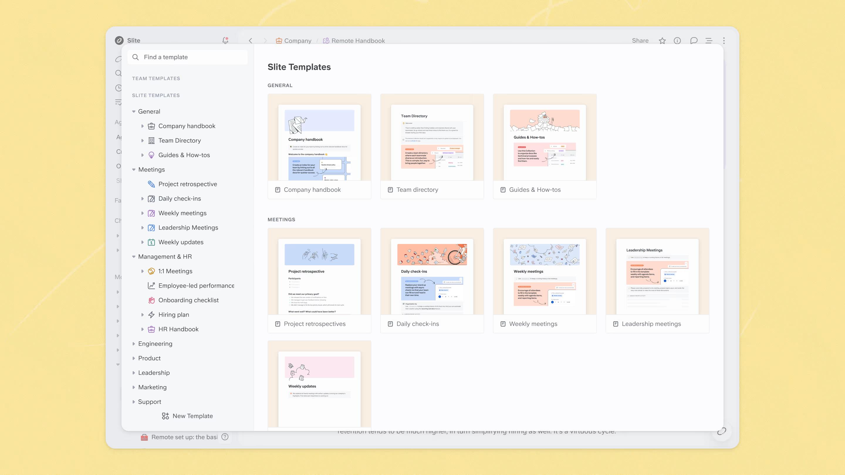 Slite template gallery for starting new docs from ready-made templates