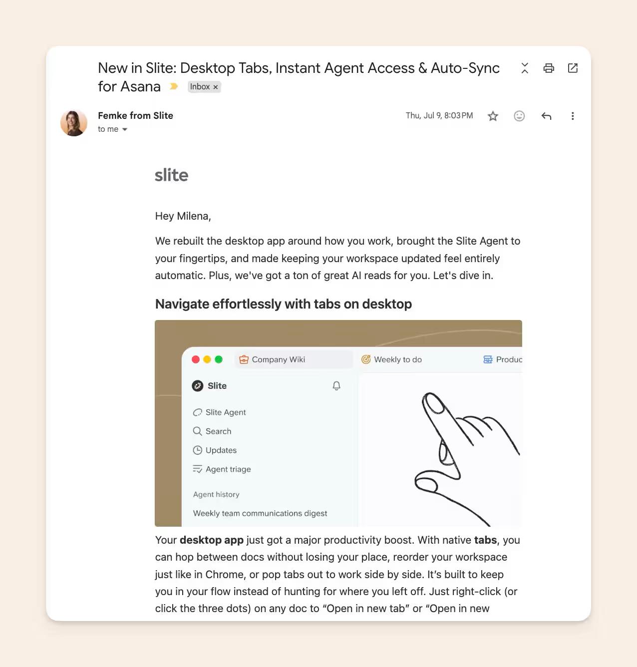 Release note in an email from Slite