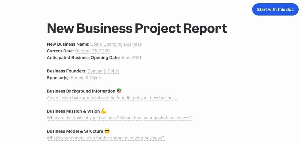 New business project report template