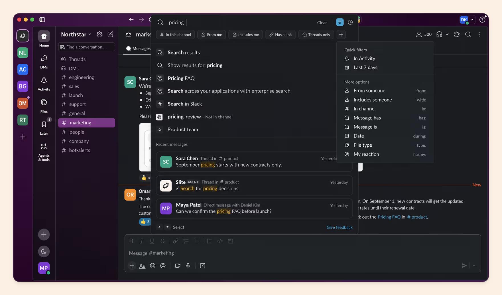Slack search dropdown with quick filters and more options such as From someone, In channel, Date and File type