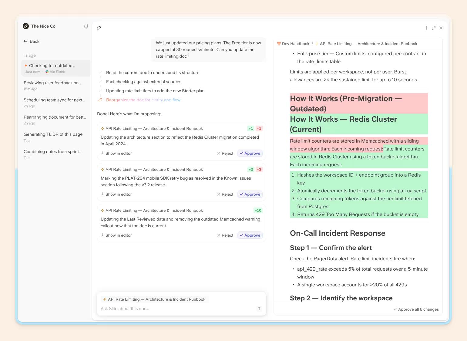 Self maintaining knowledge base Slite - the triage UI