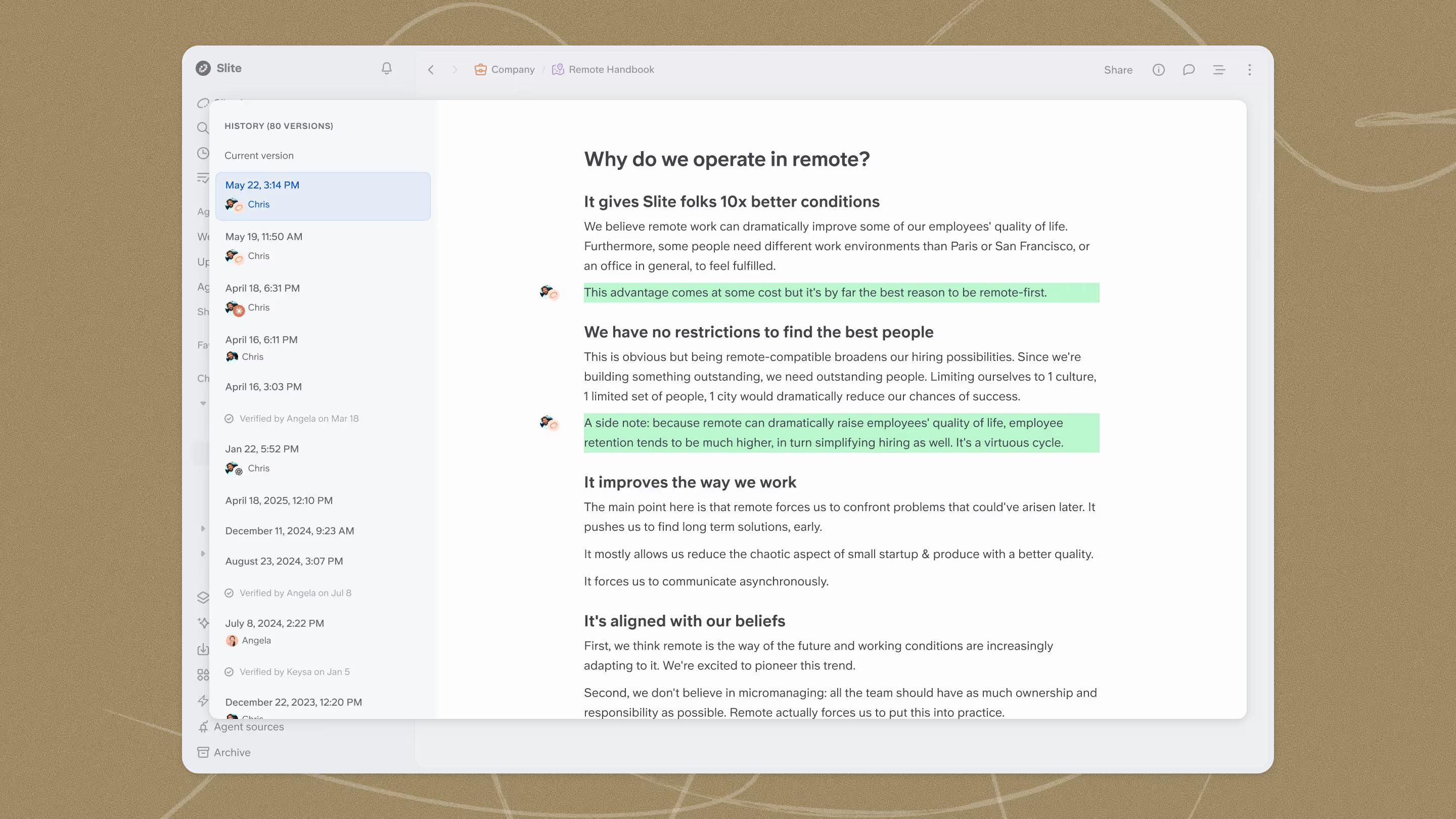 Slite document history overview