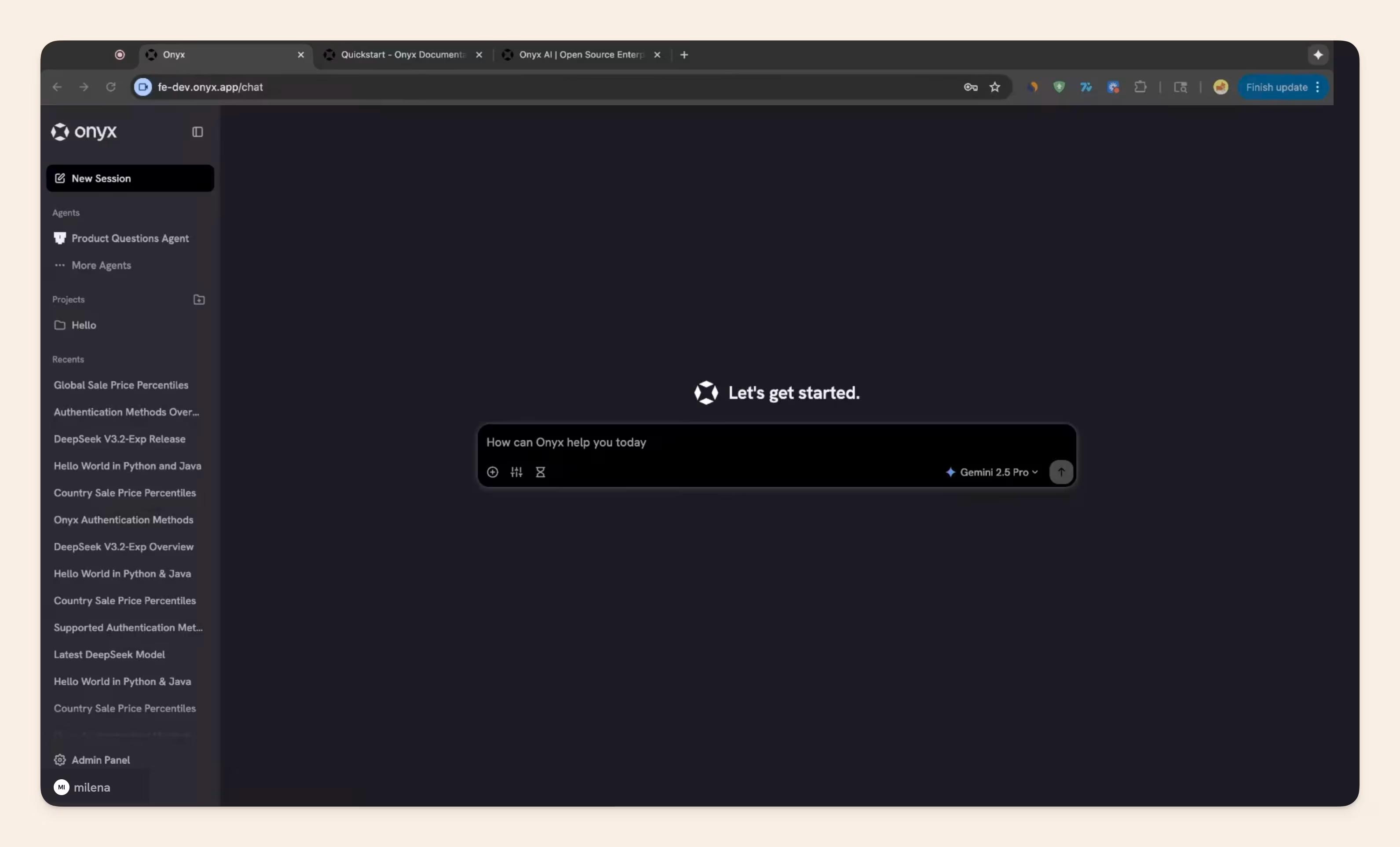 Onyx AI search product homepage screenshot
