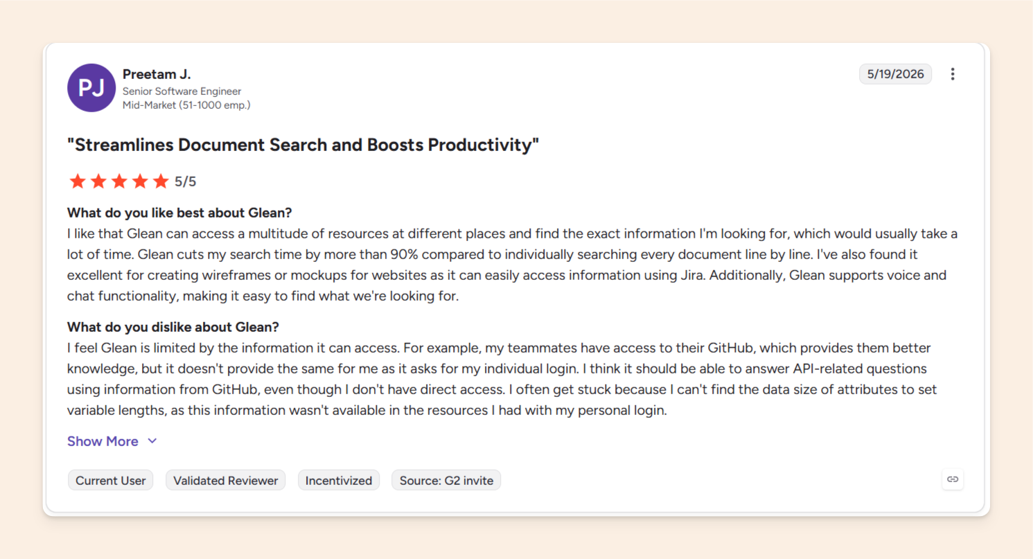 Glean search results G2 review