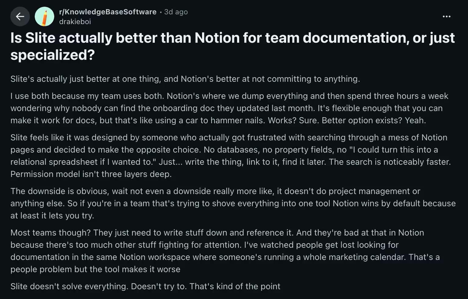 Reddit comment about Slite being better than Notion
